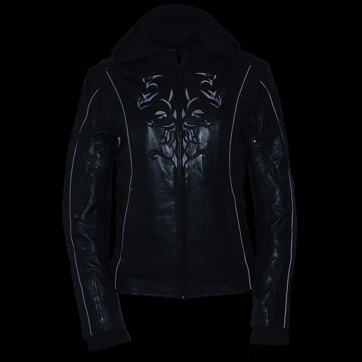 ML2066 Women's 3/4 Black Leather Hoodie Jacket with Reflective Tribal Design