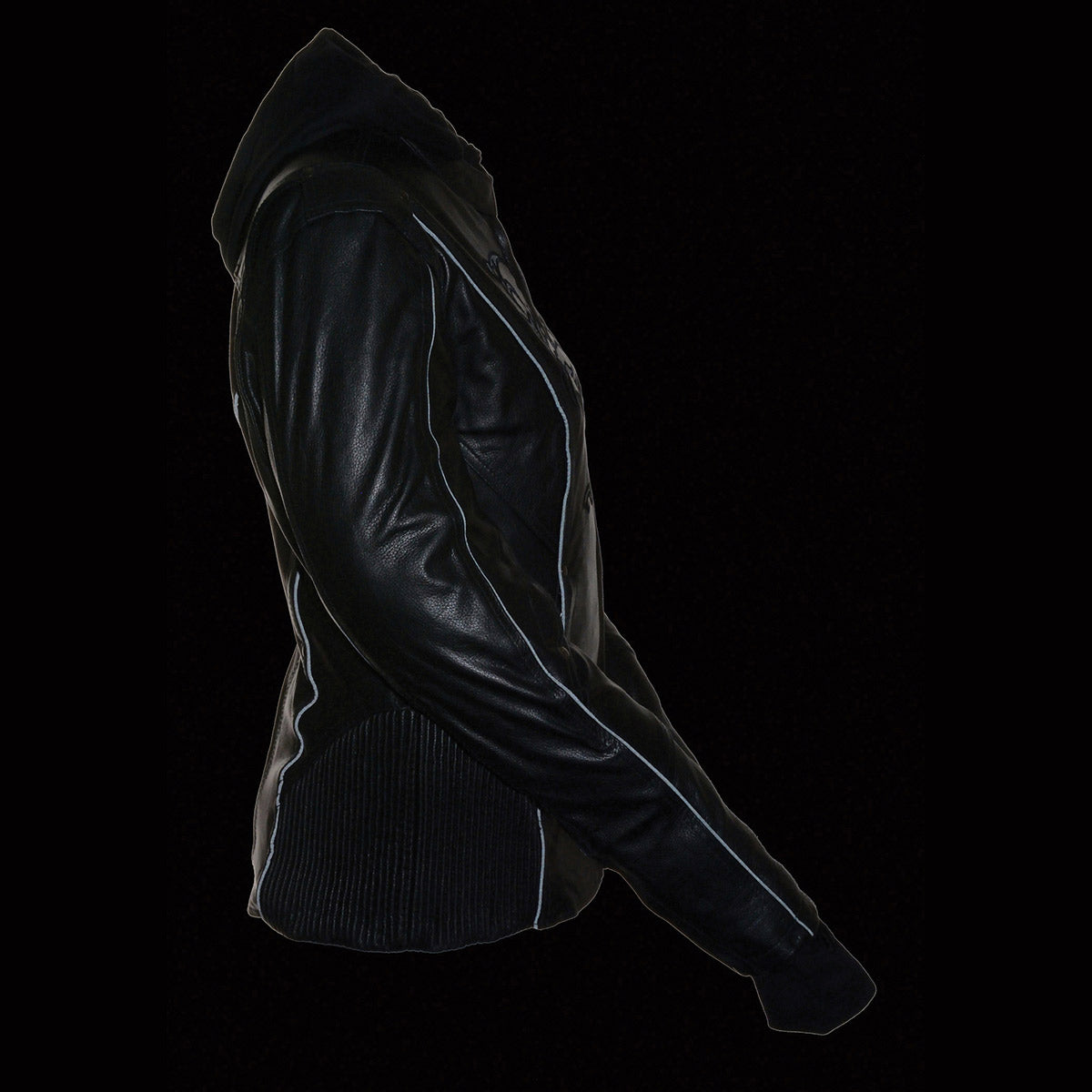 ML2066 Women's 3/4 Black Leather Hoodie Jacket with Reflective Tribal Design