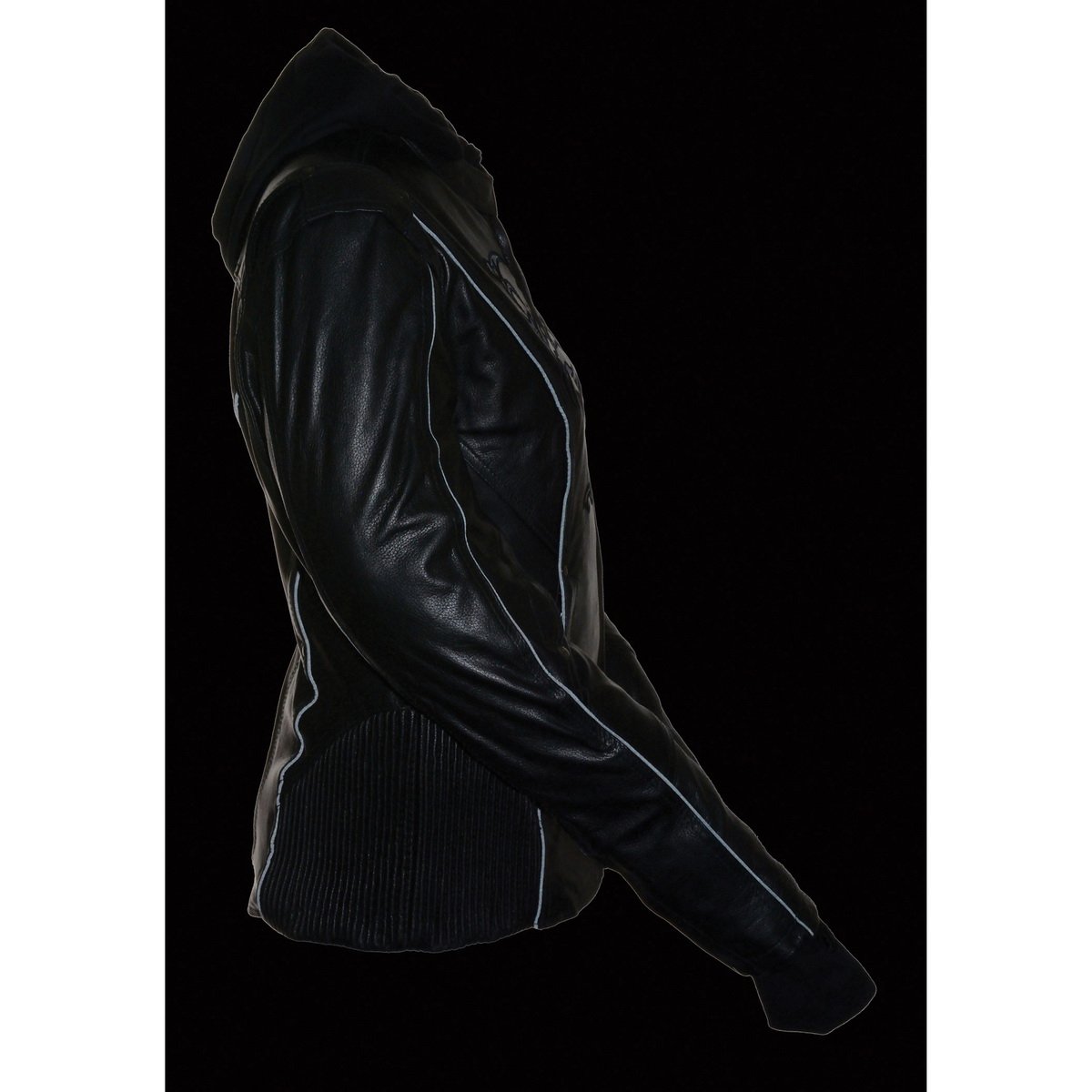 ML2066 Women's 3/4 Black Leather Hoodie Jacket with Reflective Tribal Design