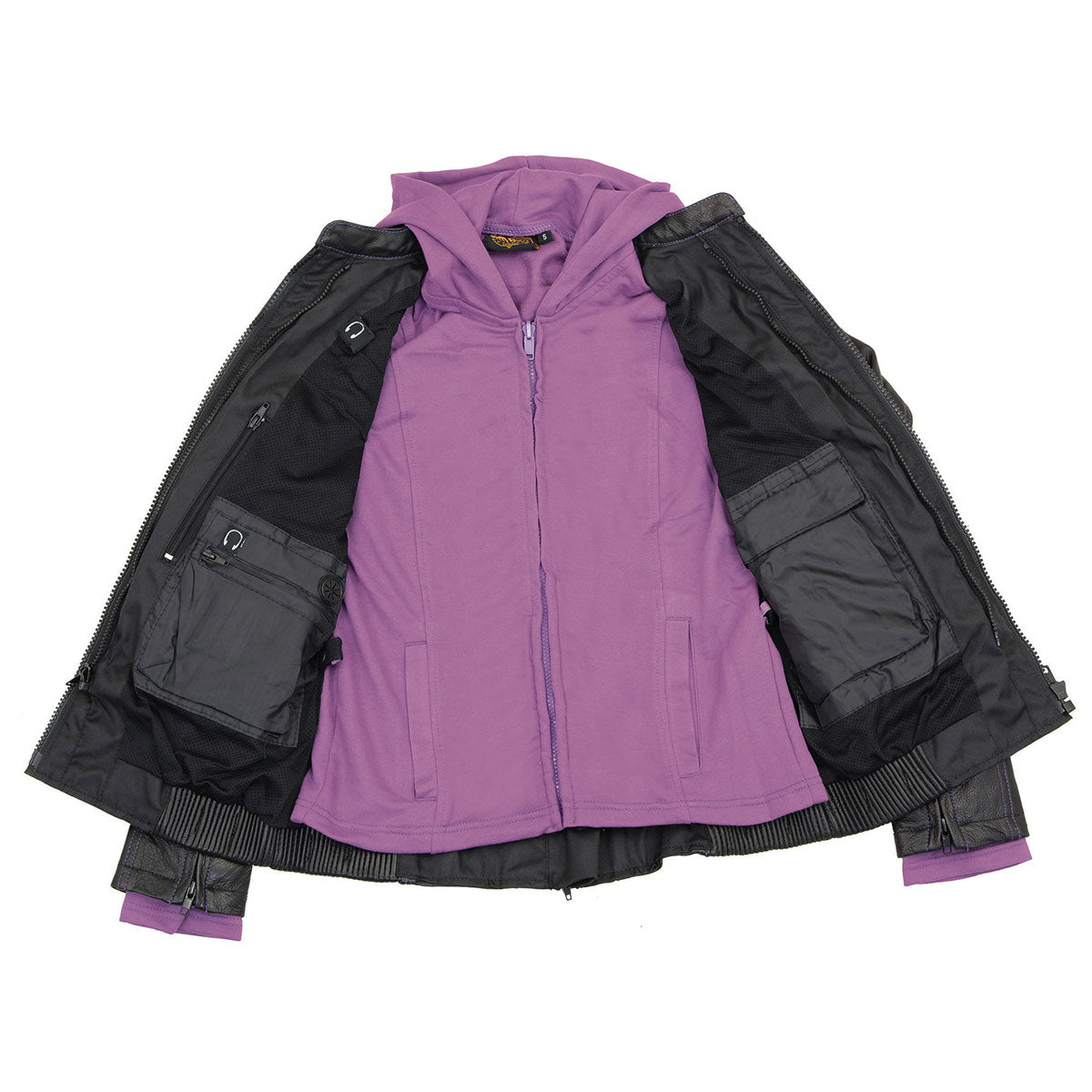 ML2067 Women's 3/4 Black and Purple Leather Hoodie Jacket with Reflective Tribal Design
