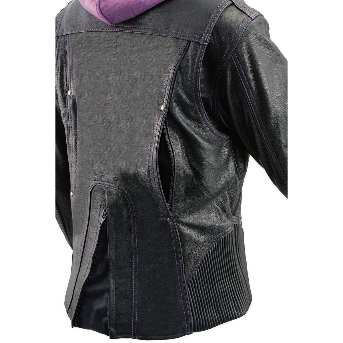 ML2067 Women's 3/4 Black and Purple Leather Hoodie Jacket with Reflective Tribal Design