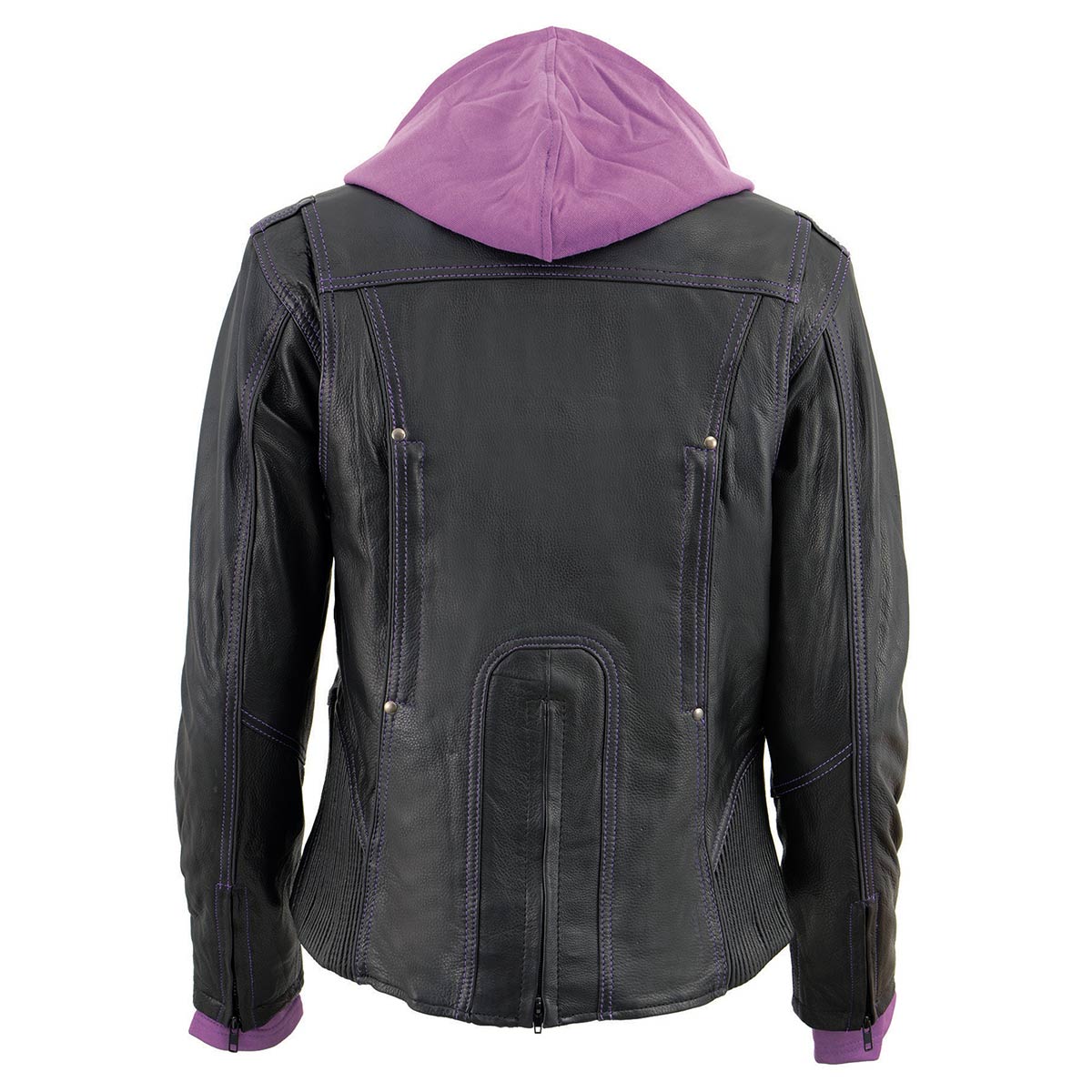 ML2067 Women's 3/4 Black and Purple Leather Hoodie Jacket with Reflective Tribal Design