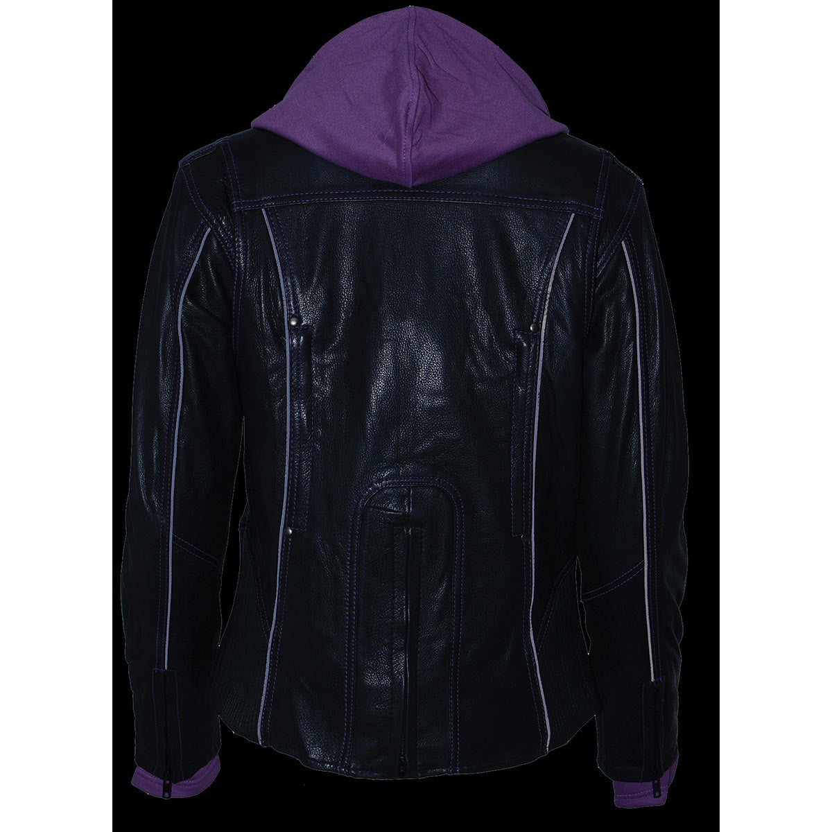 ML2067 Women's 3/4 Black and Purple Leather Hoodie Jacket with Reflective Tribal Design