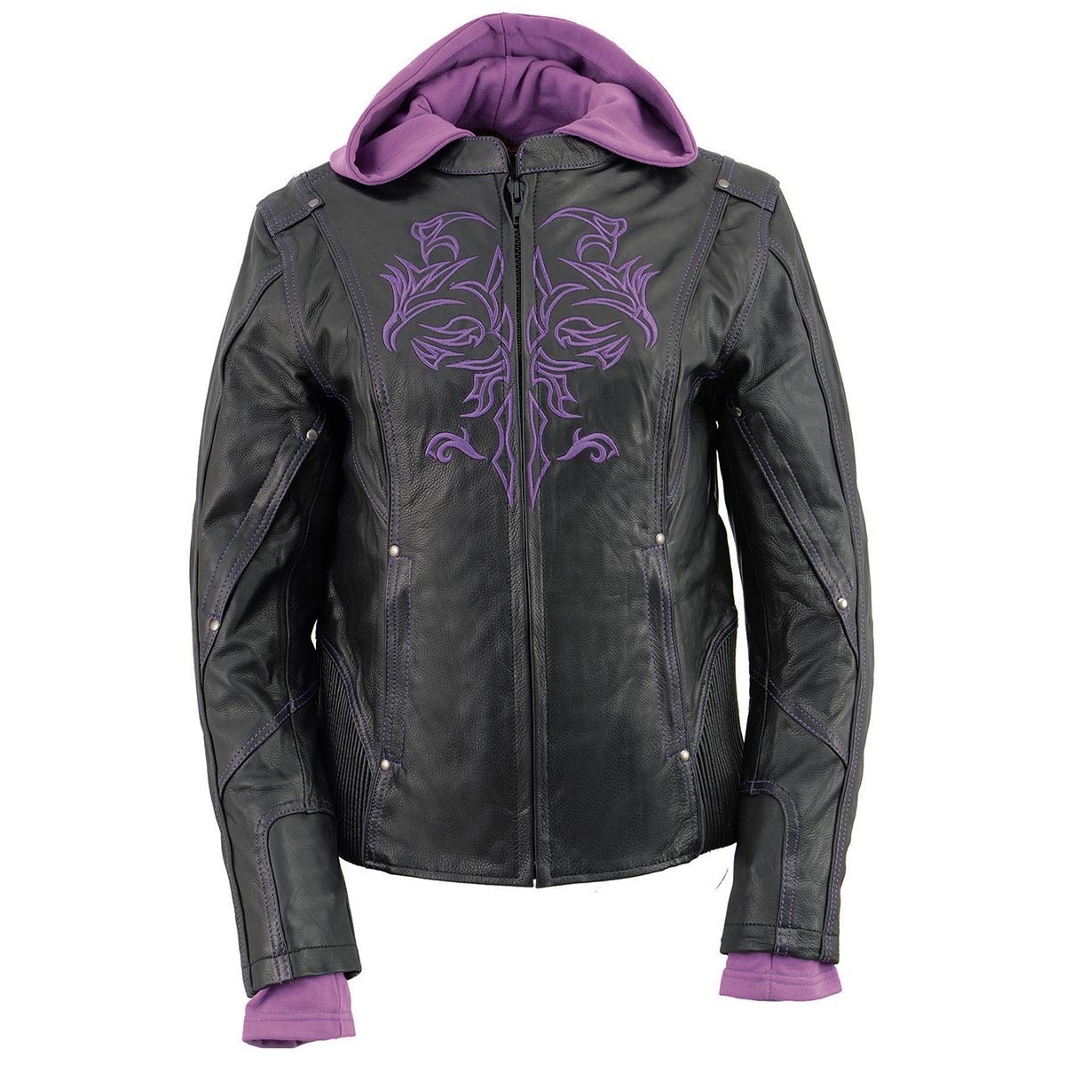 ML2067 Women's 3/4 Black and Purple Leather Hoodie Jacket with Reflective Tribal Design