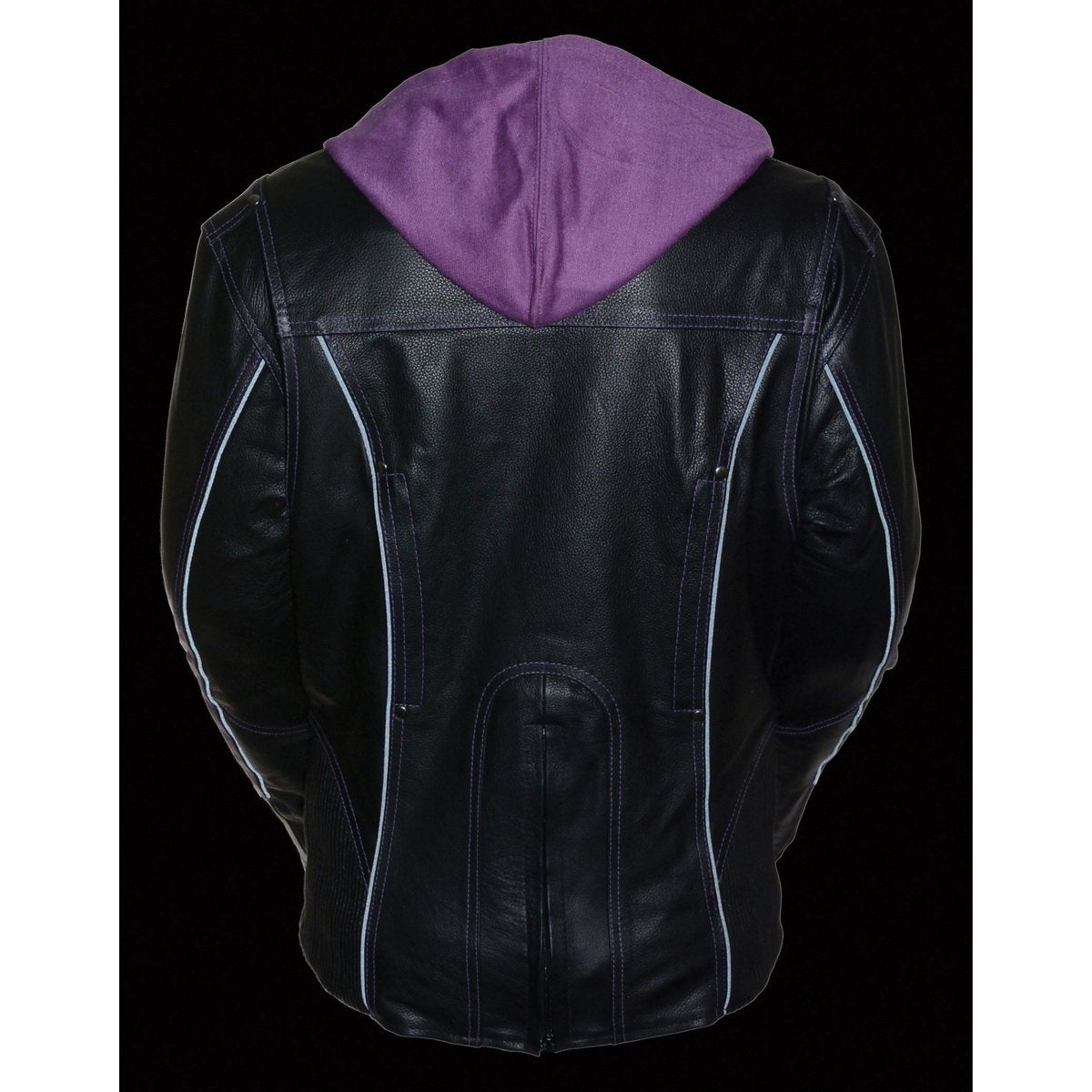 ML2067 Women's 3/4 Black and Purple Leather Hoodie Jacket with Reflective Tribal Design