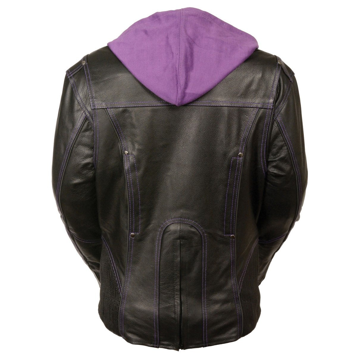 ML2067 Women's 3/4 Black and Purple Leather Hoodie Jacket with Reflective Tribal Design