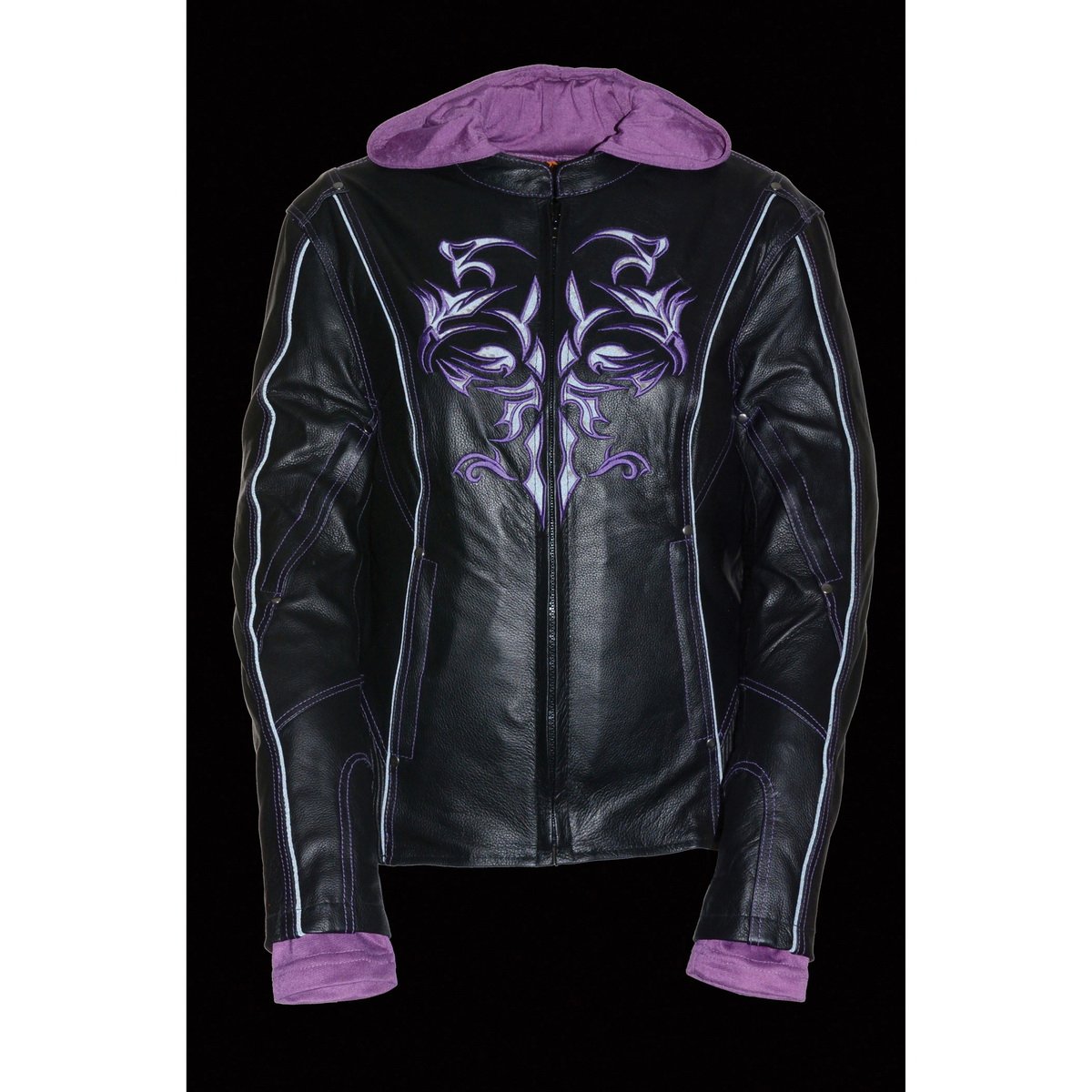 ML2067 Women's 3/4 Black and Purple Leather Hoodie Jacket with Reflective Tribal Design
