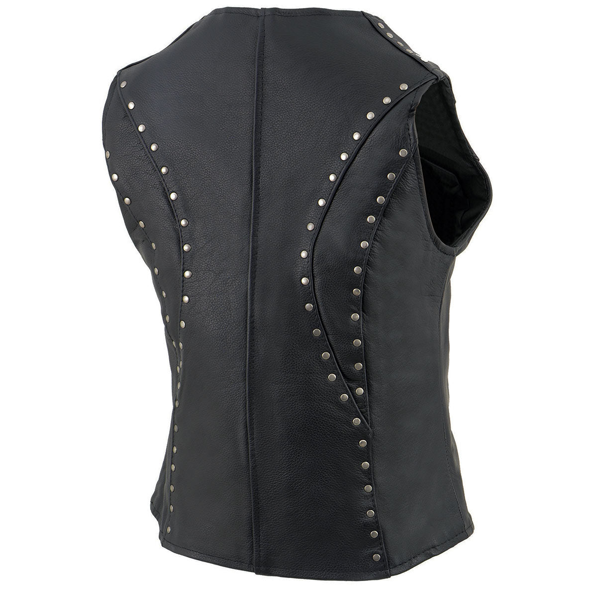 ML2078 Women's Black Premium Leather Motorcycle Rider Vest w/ Studding Detail