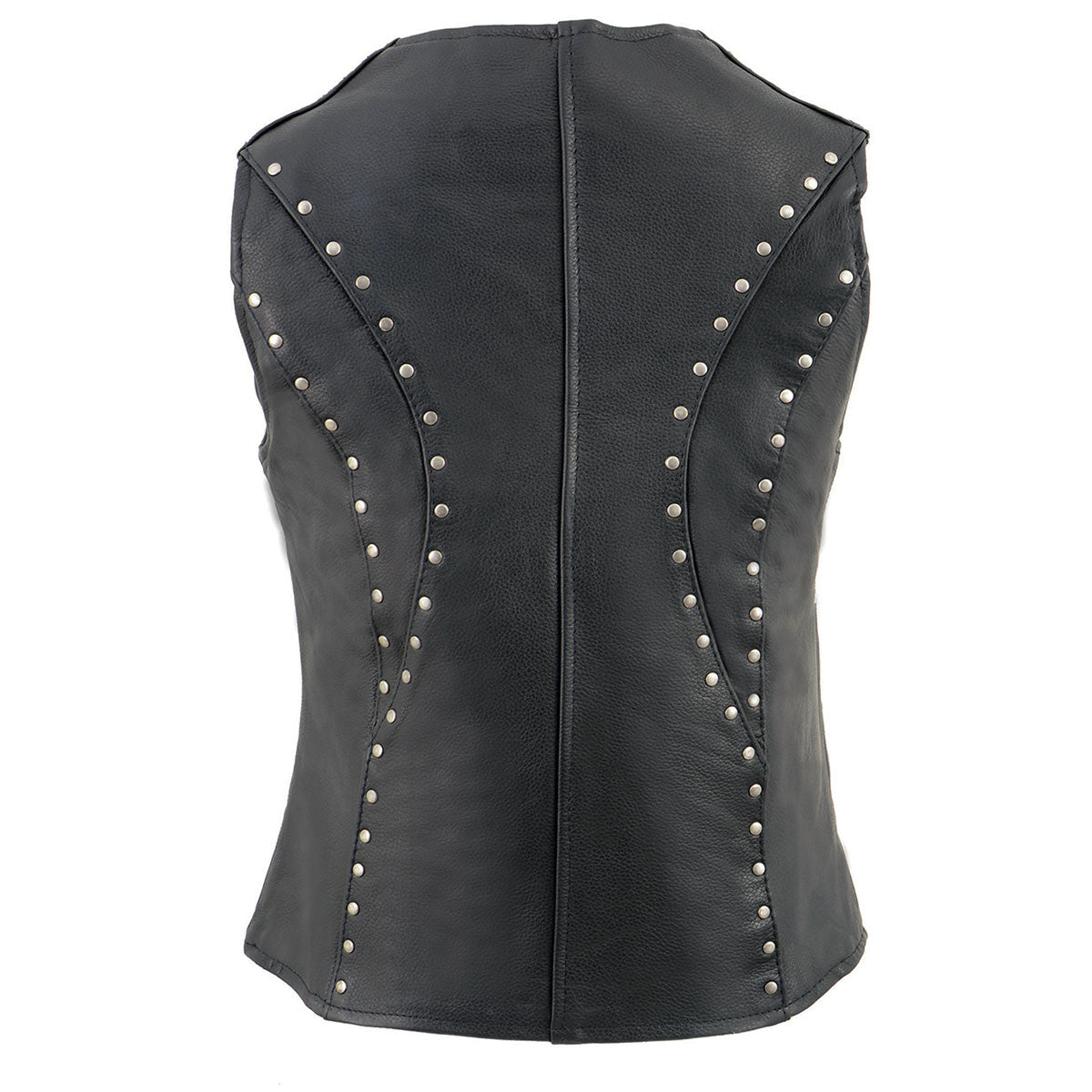 ML2078 Women's Black Premium Leather Motorcycle Rider Vest w/ Studding Detail