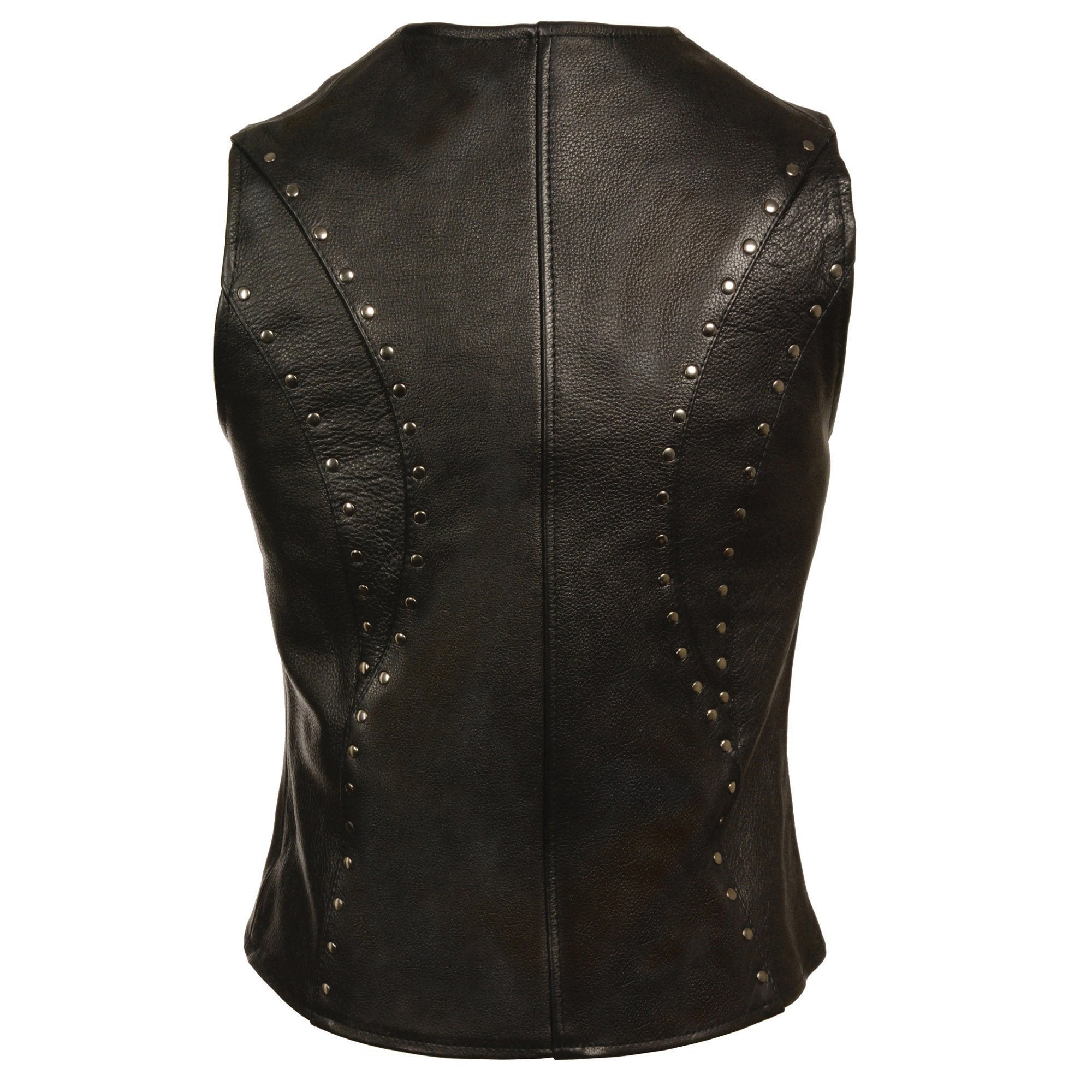 ML2078 Women's Black Premium Leather Motorcycle Rider Vest w/ Studding Detail