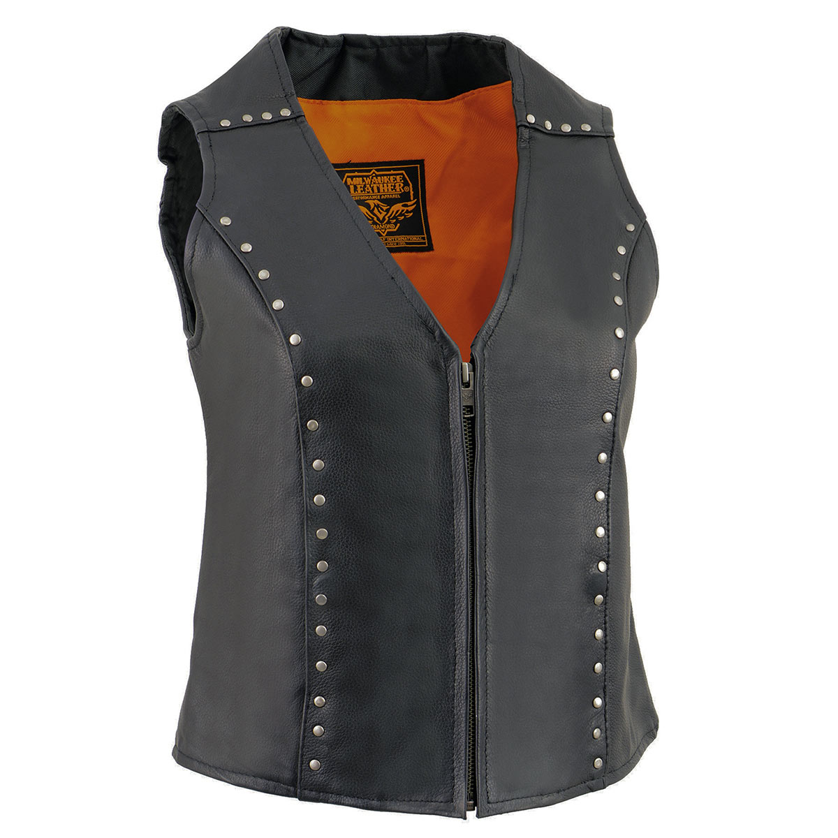 ML2078 Women's Black Premium Leather Motorcycle Rider Vest w/ Studding Detail
