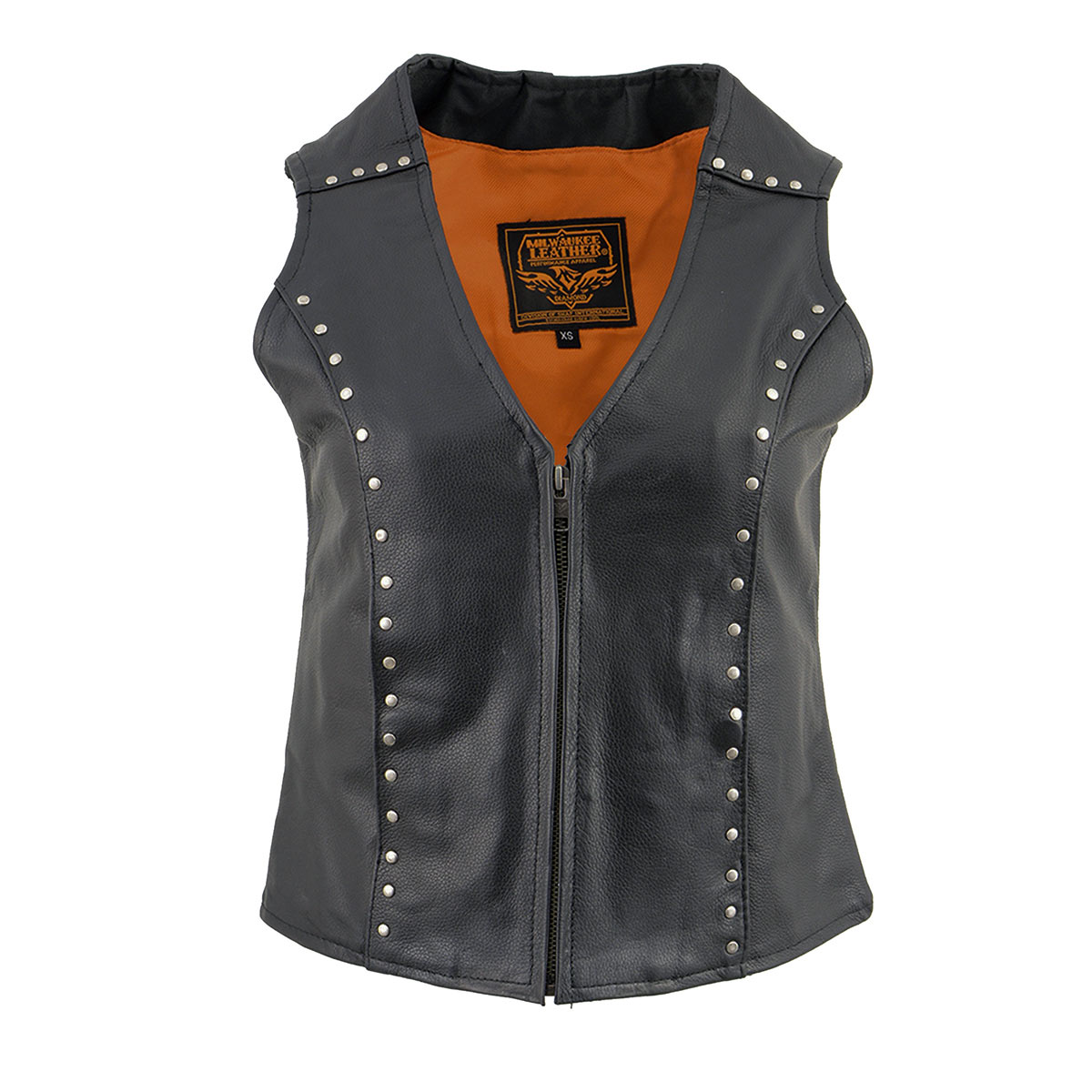 ML2078 Women's Black Premium Leather Motorcycle Rider Vest w/ Studding Detail