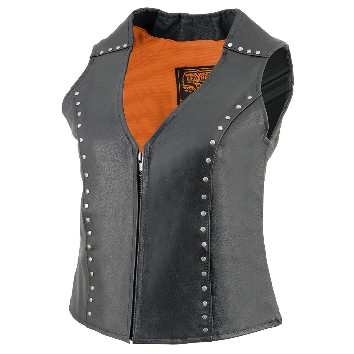 ML2078 Women's Black Premium Leather Motorcycle Rider Vest w/ Studding Detail