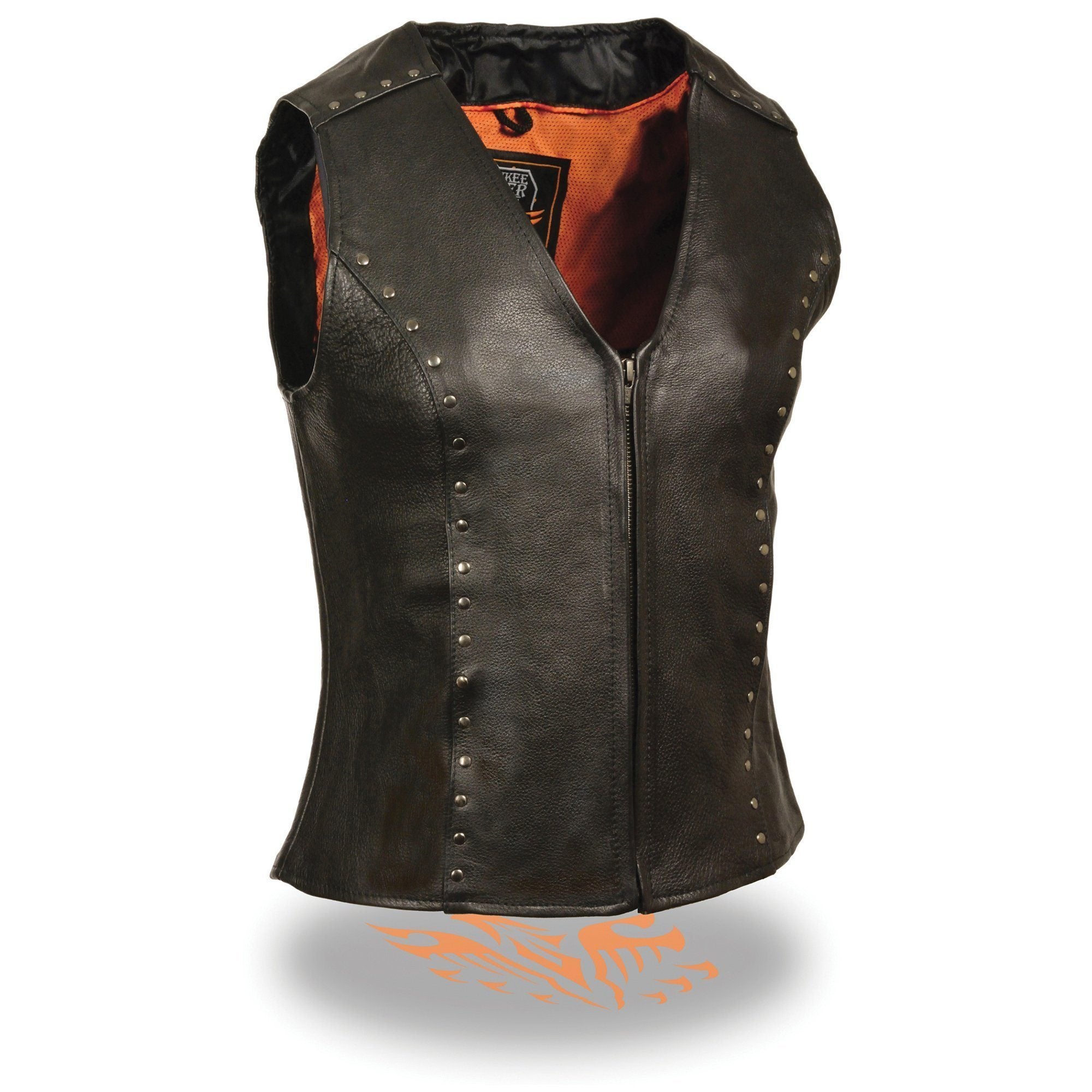 ML2078 Women's Black Premium Leather Motorcycle Rider Vest w/ Studding Detail
