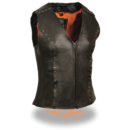 ML2078 Women's Black Premium Leather Motorcycle Rider Vest w/ Studding Detail