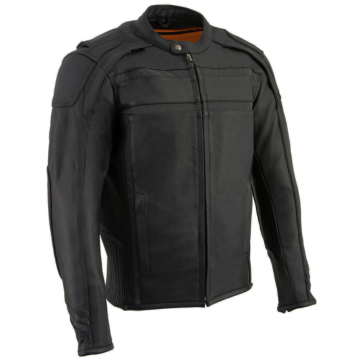 ML2083 Men's Black Premium Leather Vented Motorcycle Rider Jacket w/ Reflective Piping