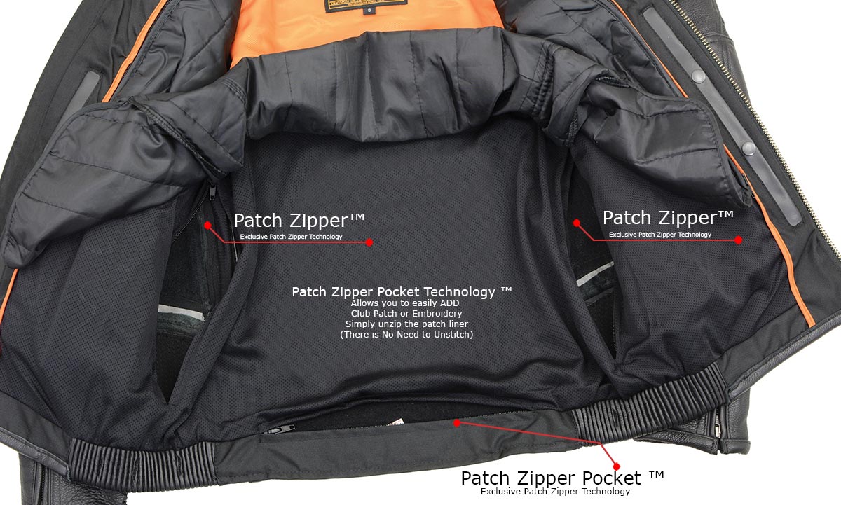 ML2083 Men's Black Premium Leather Vented Motorcycle Rider Jacket w/ Reflective Piping