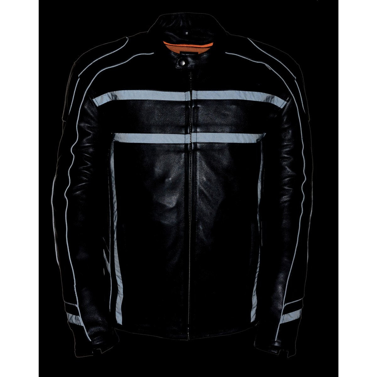 ML2083 Men's Black Premium Leather Vented Motorcycle Rider Jacket w/ Reflective Piping