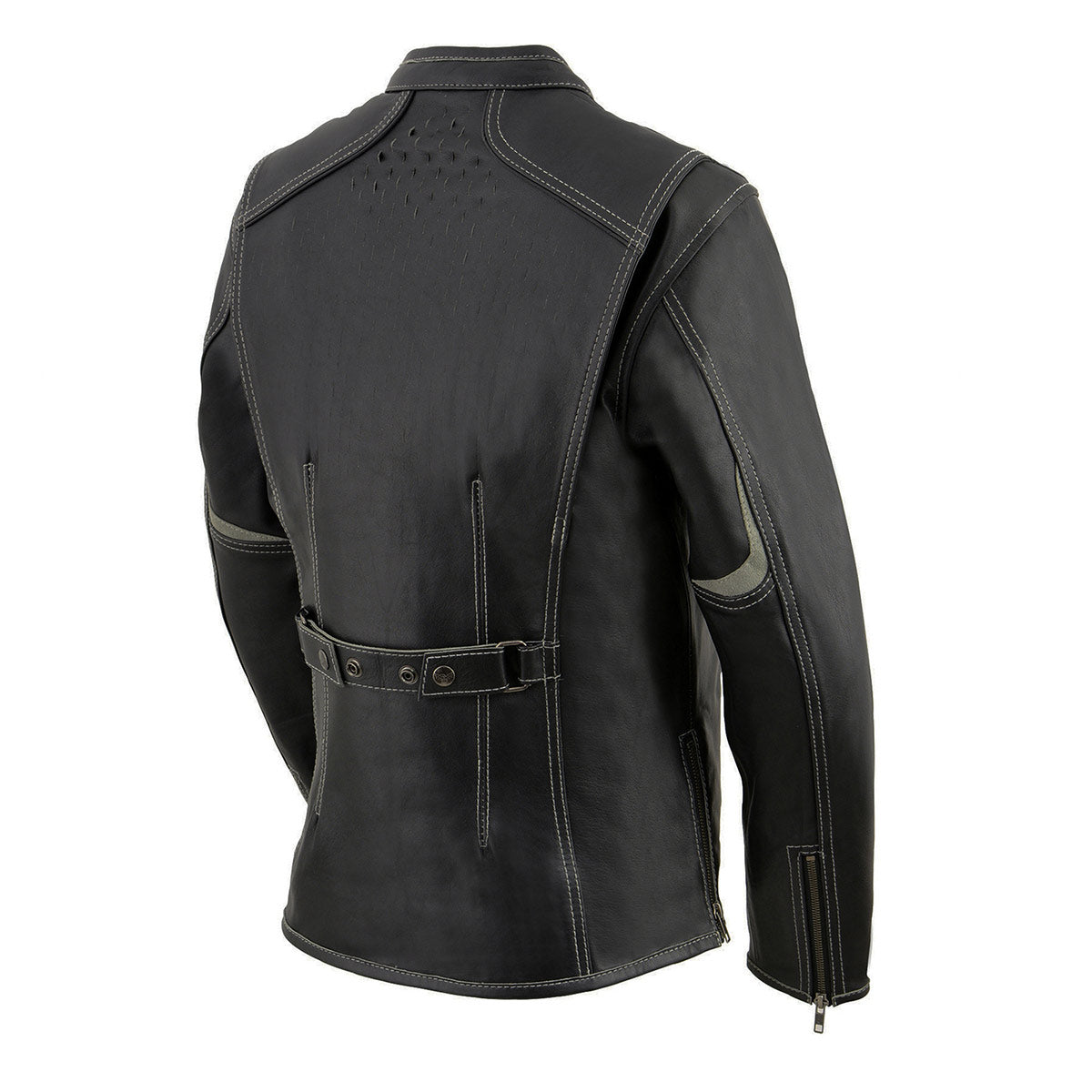 MLL2502 Women's 'Laser Cut' Distressed Black and Grey Scuba Style Racer Jacket