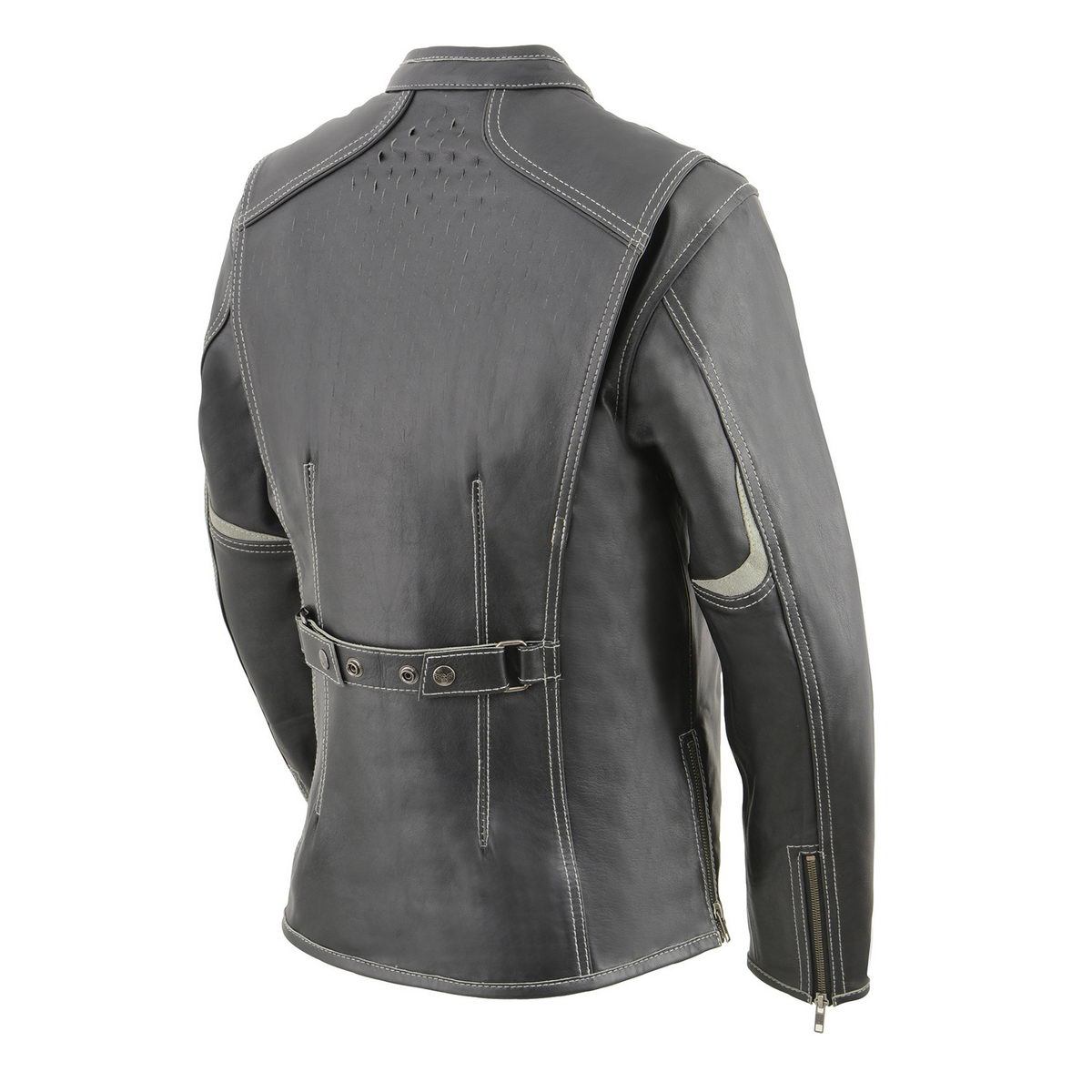 MLL2502 Women's 'Laser Cut' Distressed Black and Grey Scuba Style Racer Jacket