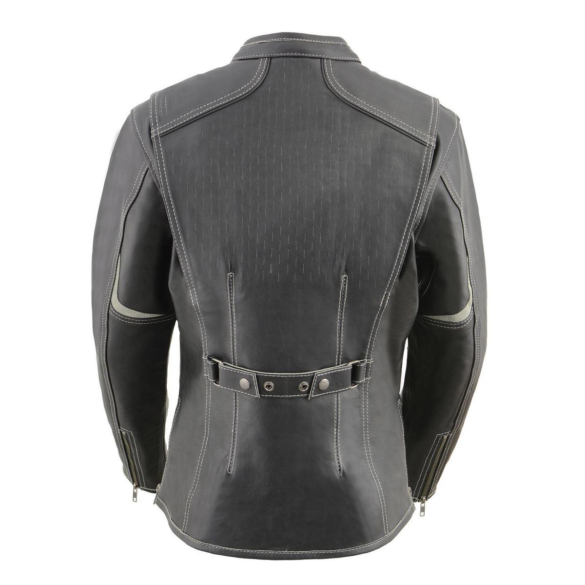 MLL2502 Women's 'Laser Cut' Distressed Black and Grey Scuba Style Racer Jacket