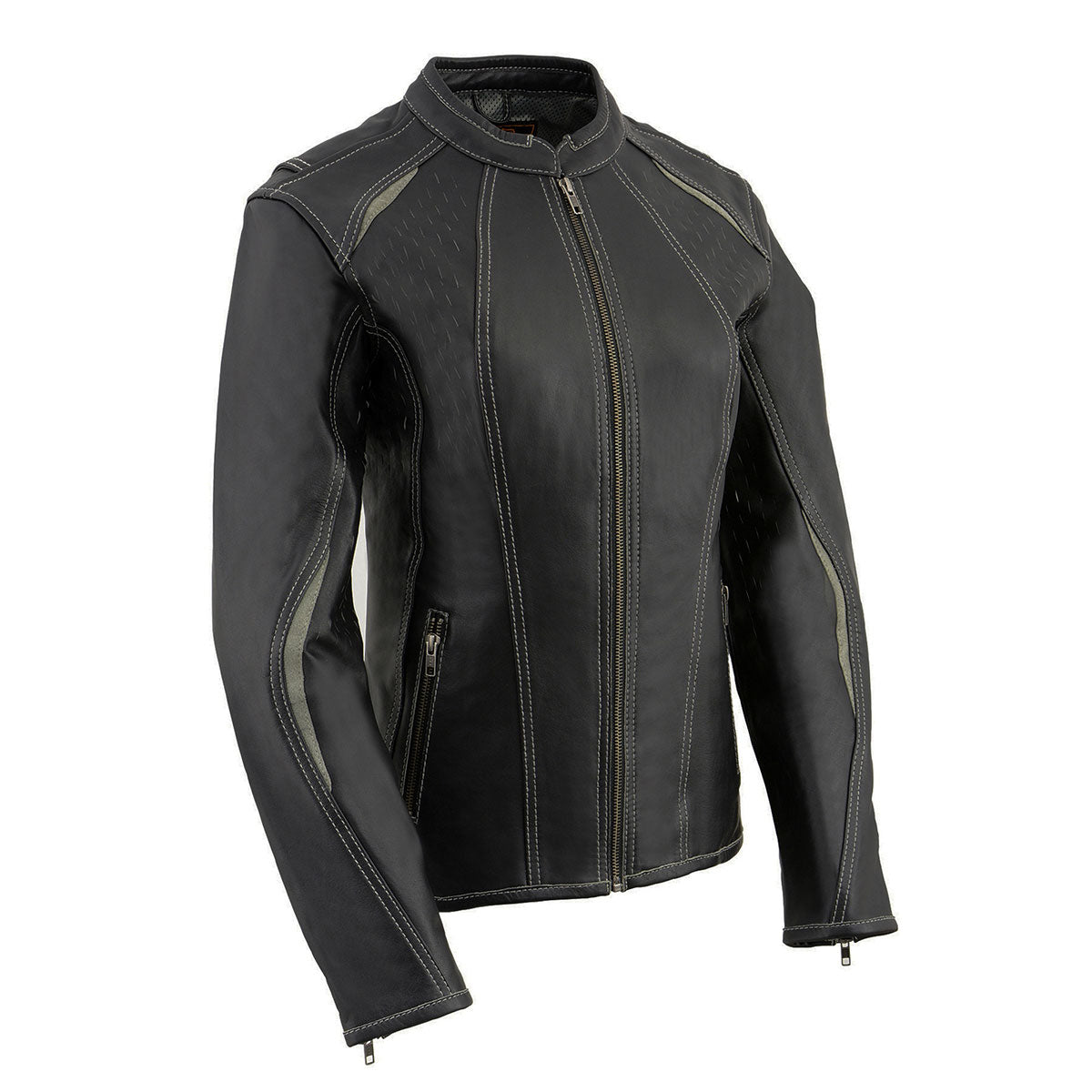 MLL2502 Women's 'Laser Cut' Distressed Black and Grey Scuba Style Racer Jacket