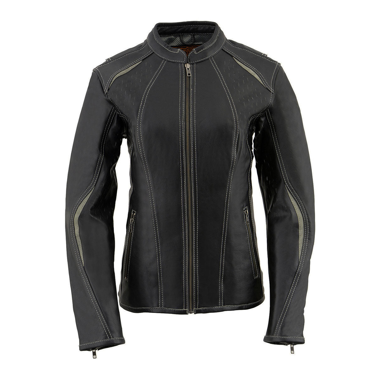 MLL2502 Women's 'Laser Cut' Distressed Black and Grey Scuba Style Racer Jacket