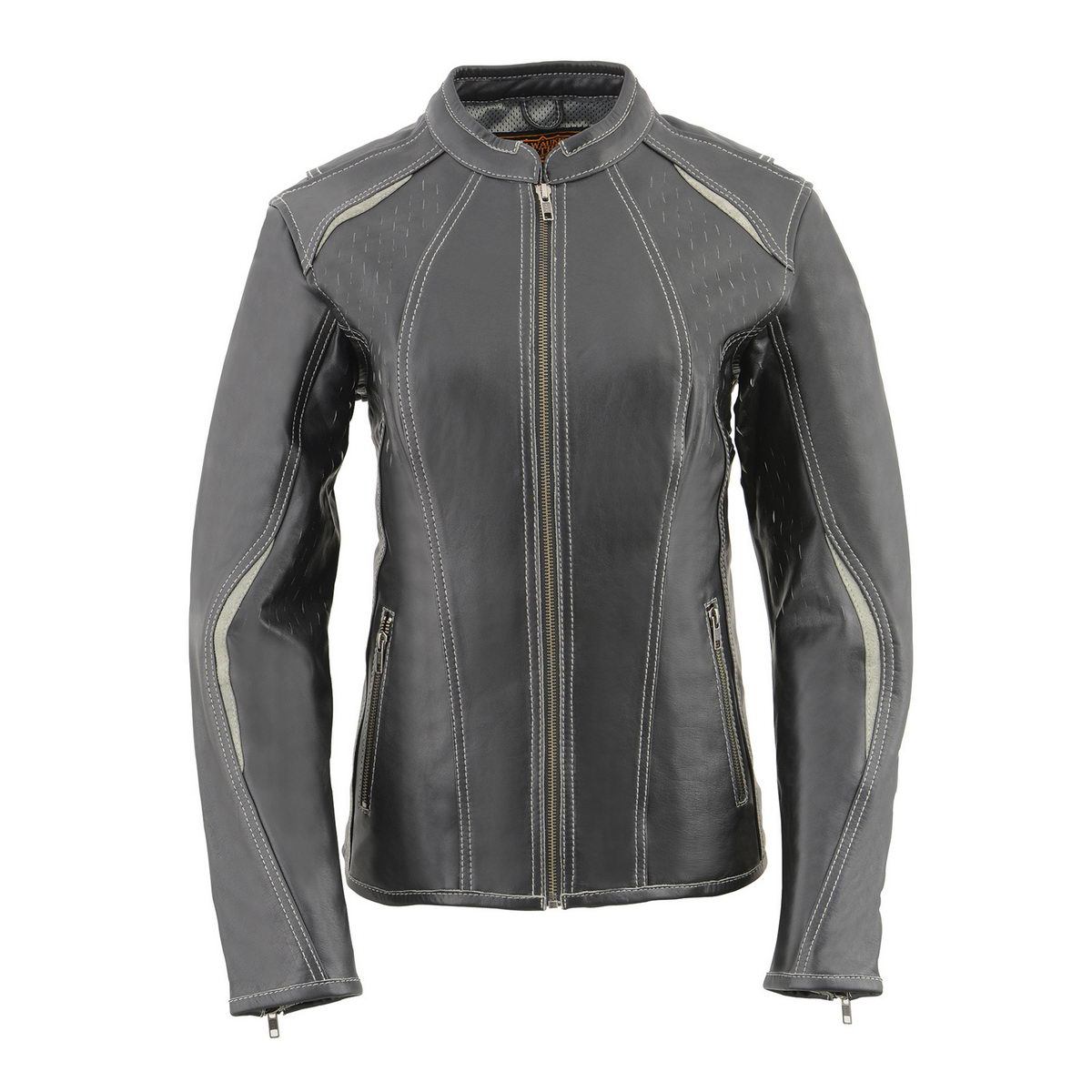 MLL2502 Women's 'Laser Cut' Distressed Black and Grey Scuba Style Racer Jacket