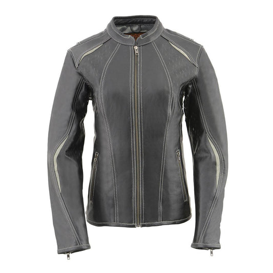 MLL2502 Women's 'Laser Cut' Distressed Black and Grey Scuba Style Racer Jacket