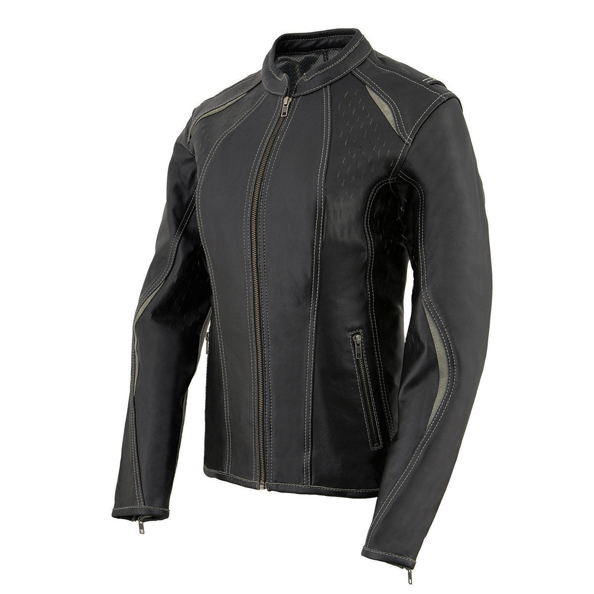 MLL2502 Women's 'Laser Cut' Distressed Black and Grey Scuba Style Racer Jacket