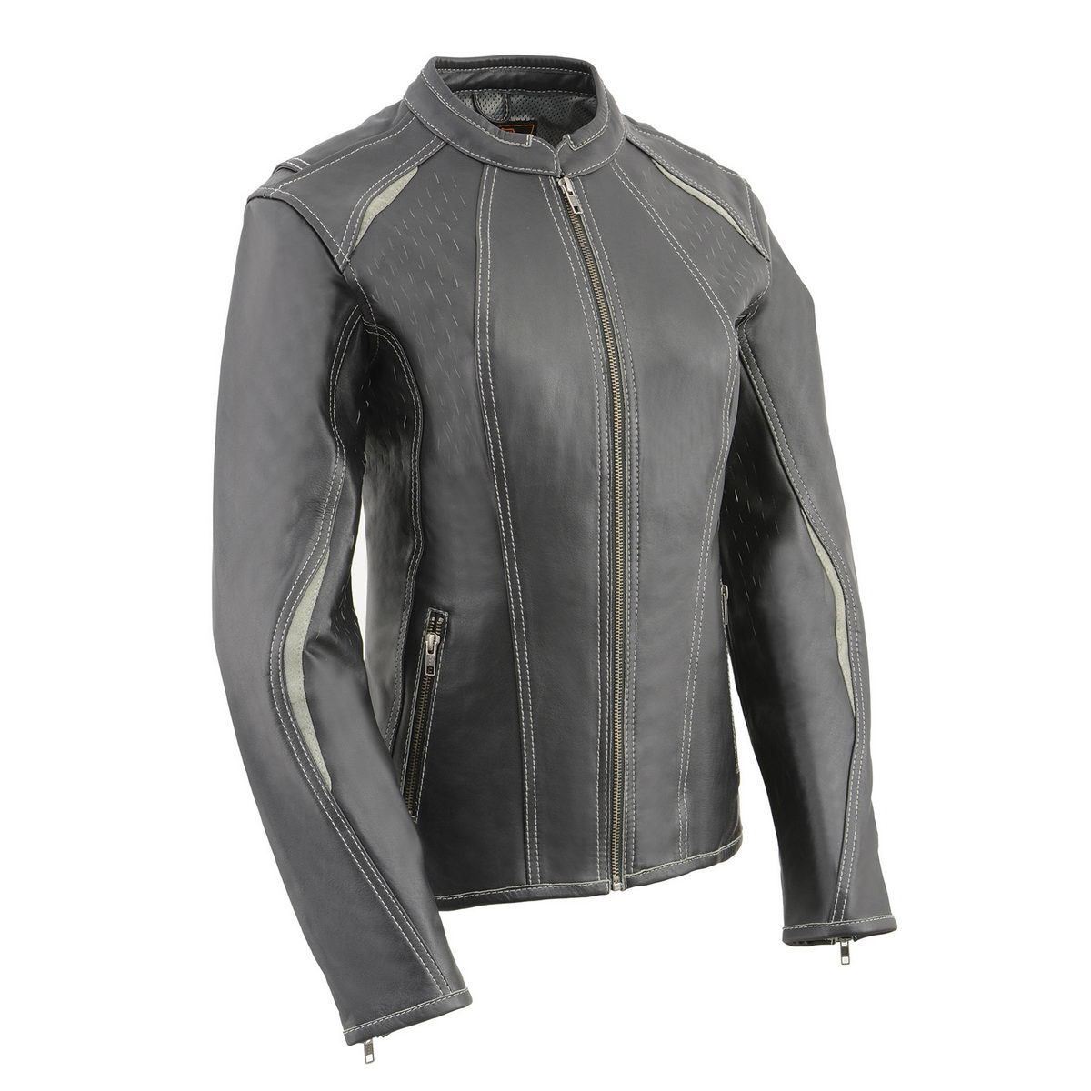 MLL2502 Women's 'Laser Cut' Distressed Black and Grey Scuba Style Racer Jacket