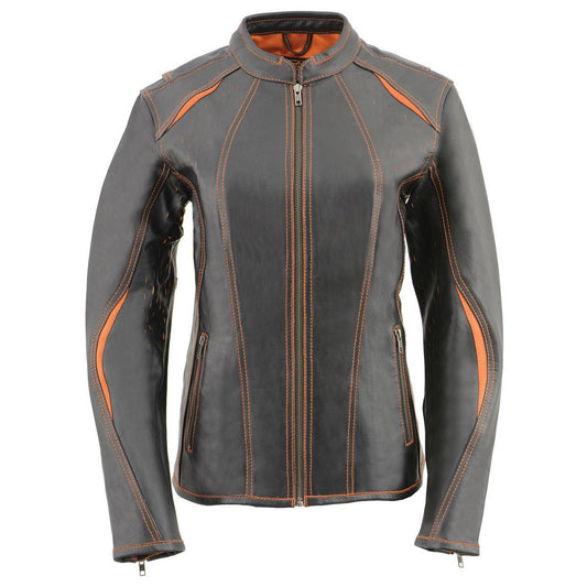 MLL2502 Women's 'Laser Cut' Distressed Black and Orange Scuba Style Racer Jacket