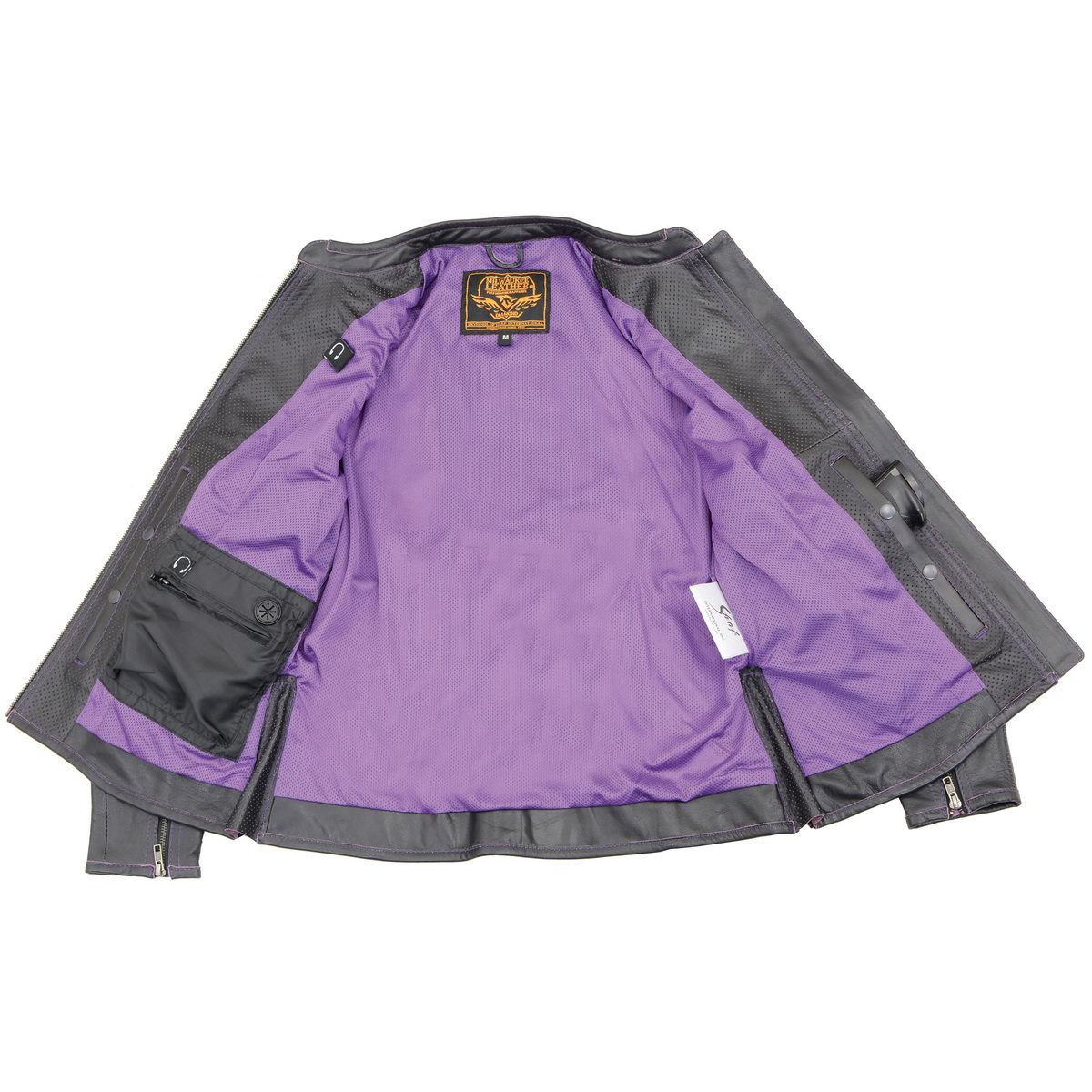 MLL2502 Women's 'Laser Cut' Distressed Black and Purple Scuba Style Racer Jacket