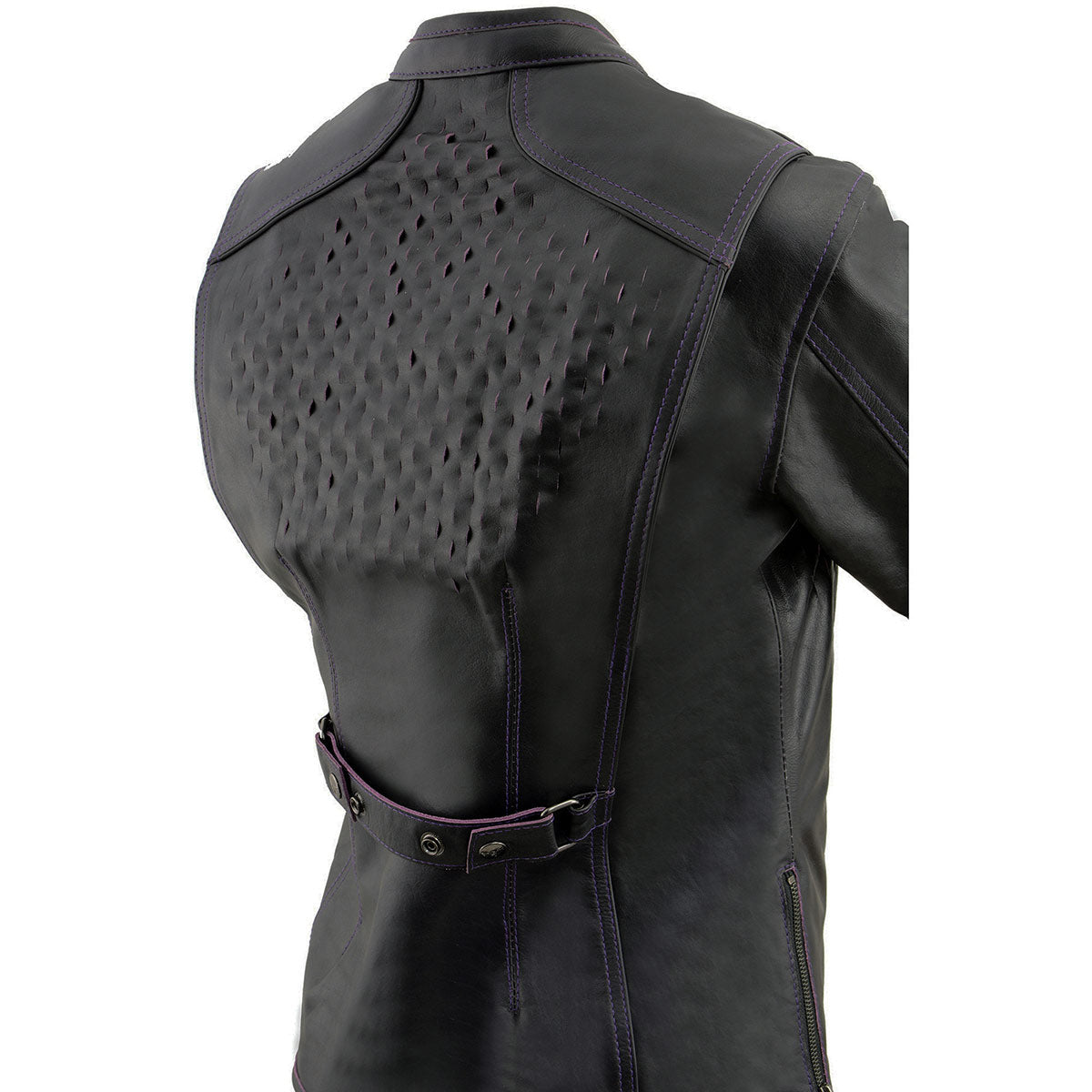 MLL2502 Women's 'Laser Cut' Distressed Black and Purple Scuba Style Racer Jacket
