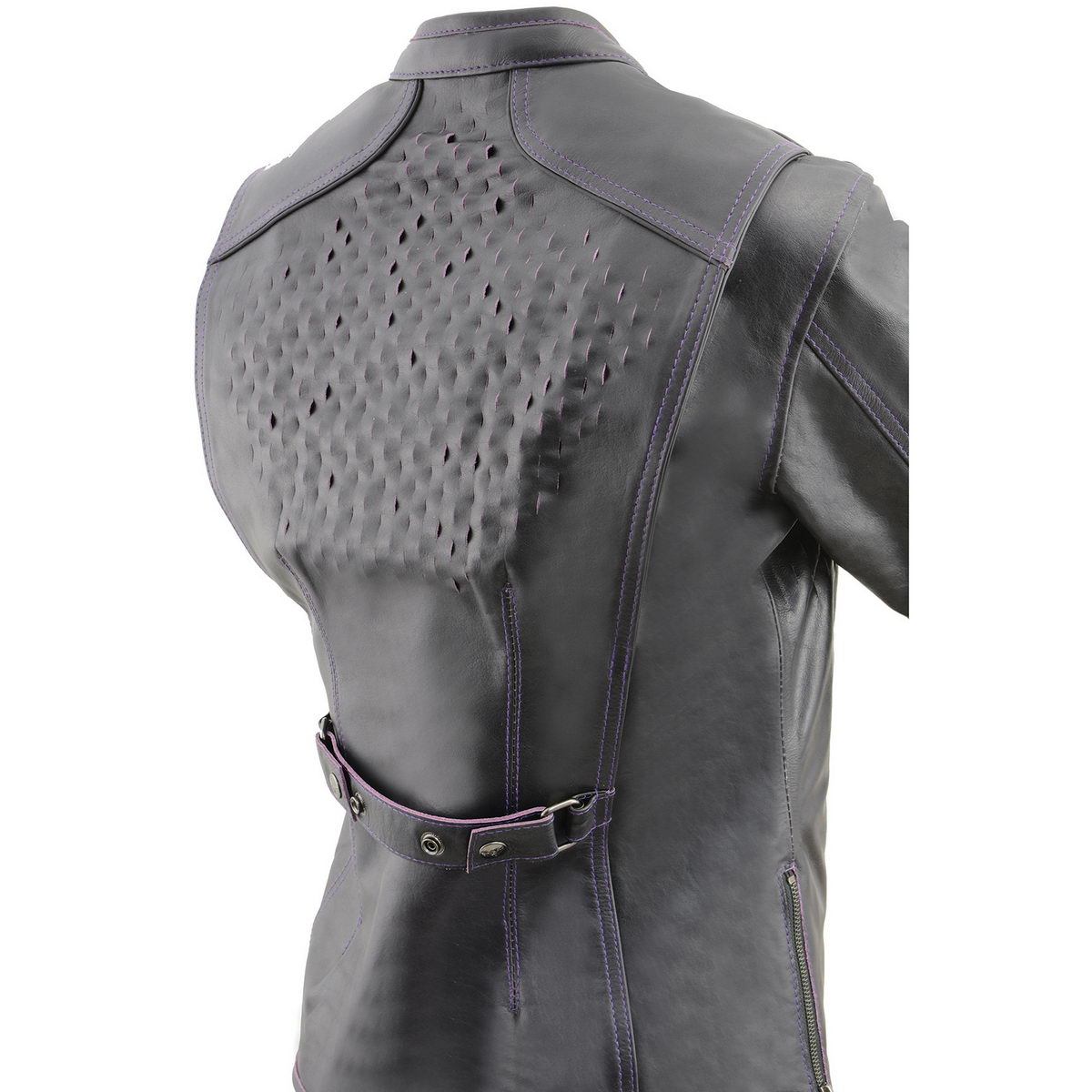MLL2502 Women's 'Laser Cut' Distressed Black and Purple Scuba Style Racer Jacket