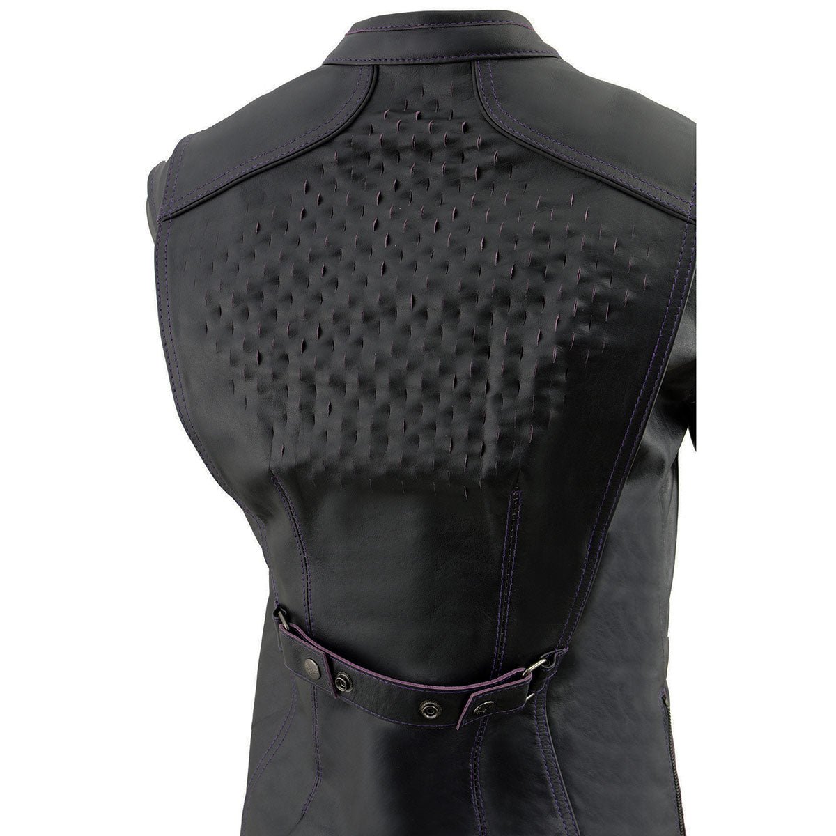 MLL2502 Women's 'Laser Cut' Distressed Black and Purple Scuba Style Racer Jacket
