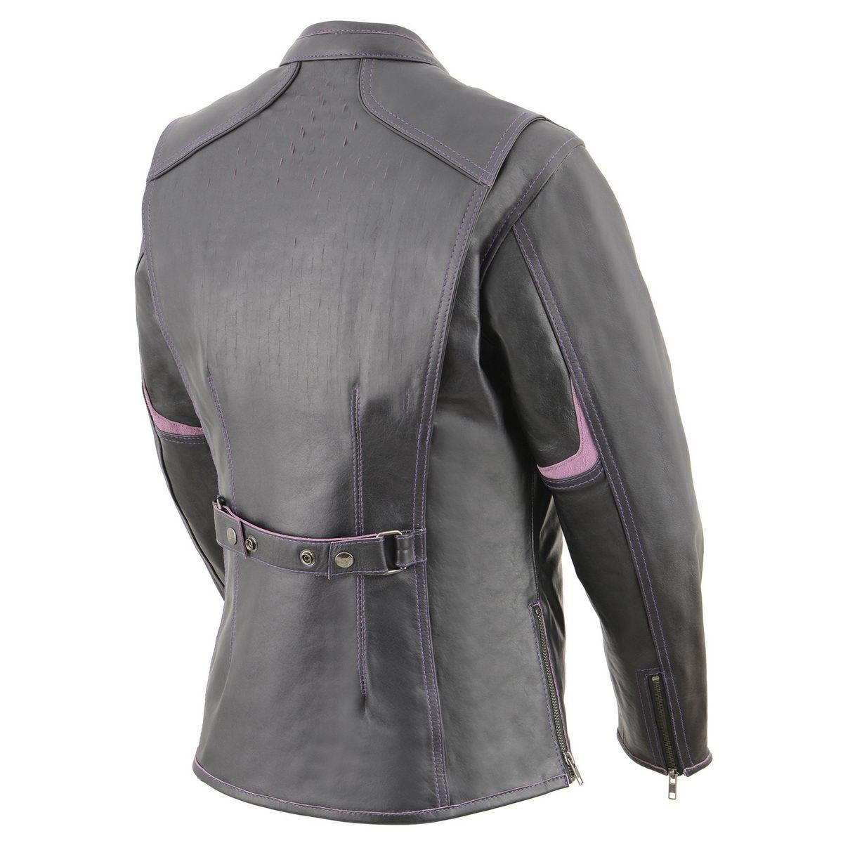 MLL2502 Women's 'Laser Cut' Distressed Black and Purple Scuba Style Racer Jacket