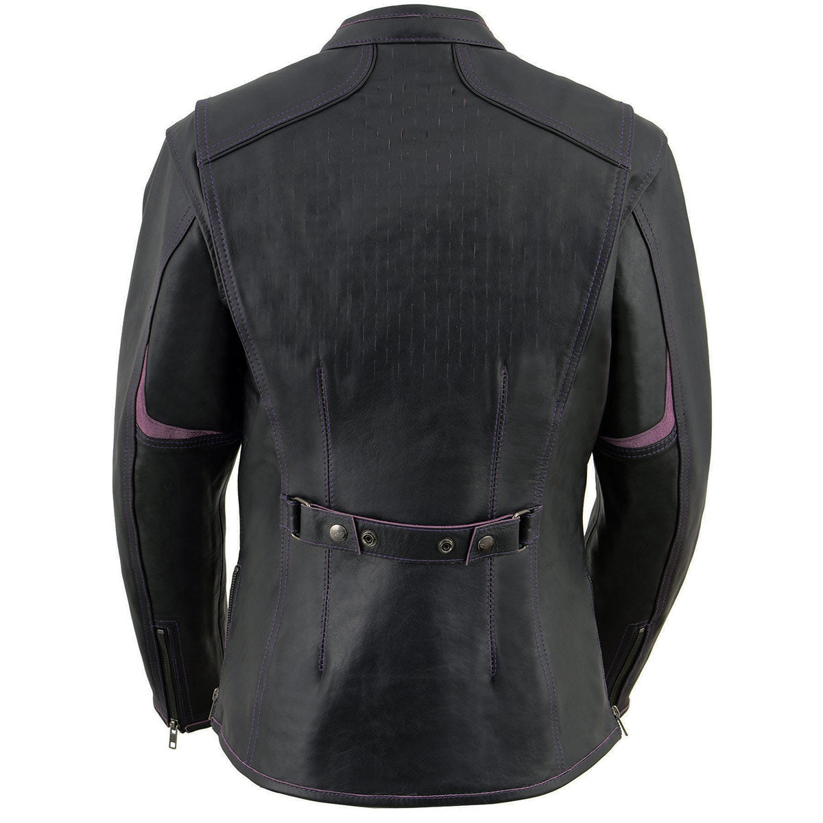 MLL2502 Women's 'Laser Cut' Distressed Black and Purple Scuba Style Racer Jacket