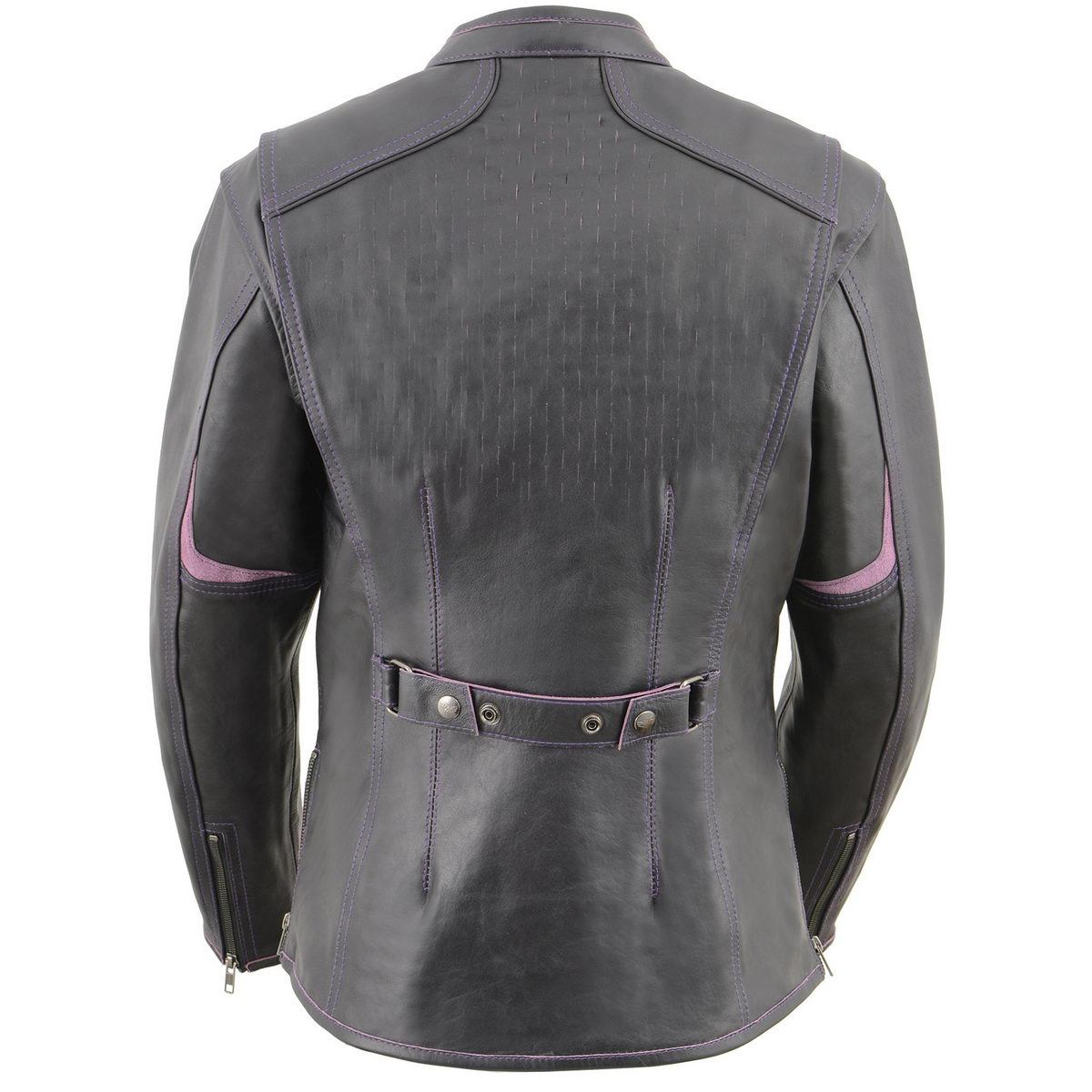 MLL2502 Women's 'Laser Cut' Distressed Black and Purple Scuba Style Racer Jacket