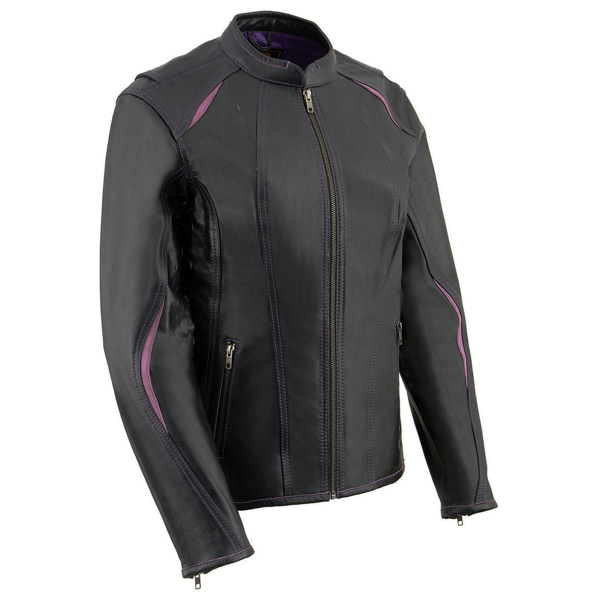 MLL2502 Women's 'Laser Cut' Distressed Black and Purple Scuba Style Racer Jacket