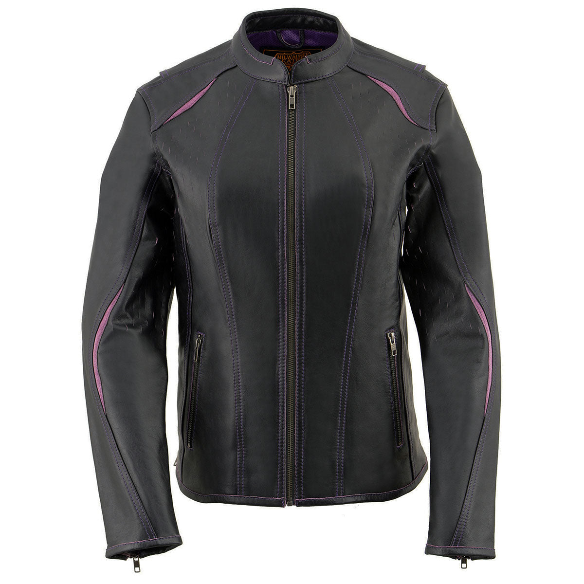 MLL2502 Women's 'Laser Cut' Distressed Black and Purple Scuba Style Racer Jacket