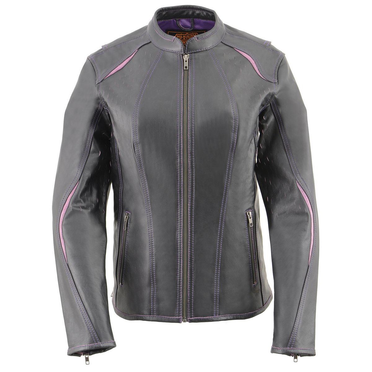 MLL2502 Women's 'Laser Cut' Distressed Black and Purple Scuba Style Racer Jacket