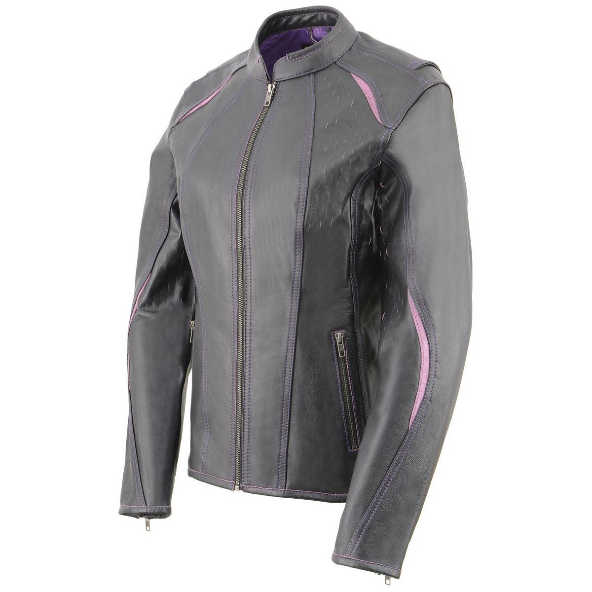 MLL2502 Women's 'Laser Cut' Distressed Black and Purple Scuba Style Racer Jacket