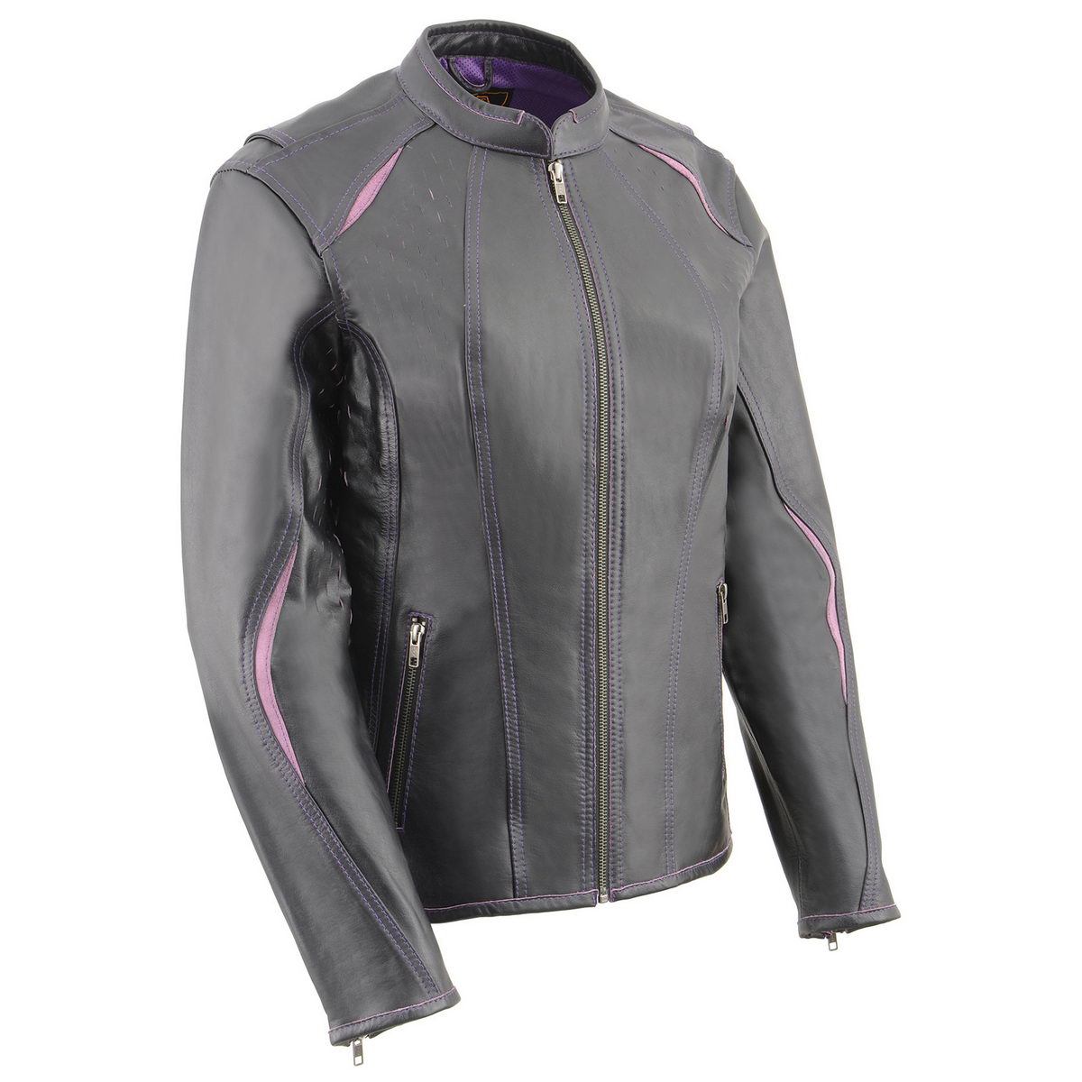 MLL2502 Women's 'Laser Cut' Distressed Black and Purple Scuba Style Racer Jacket