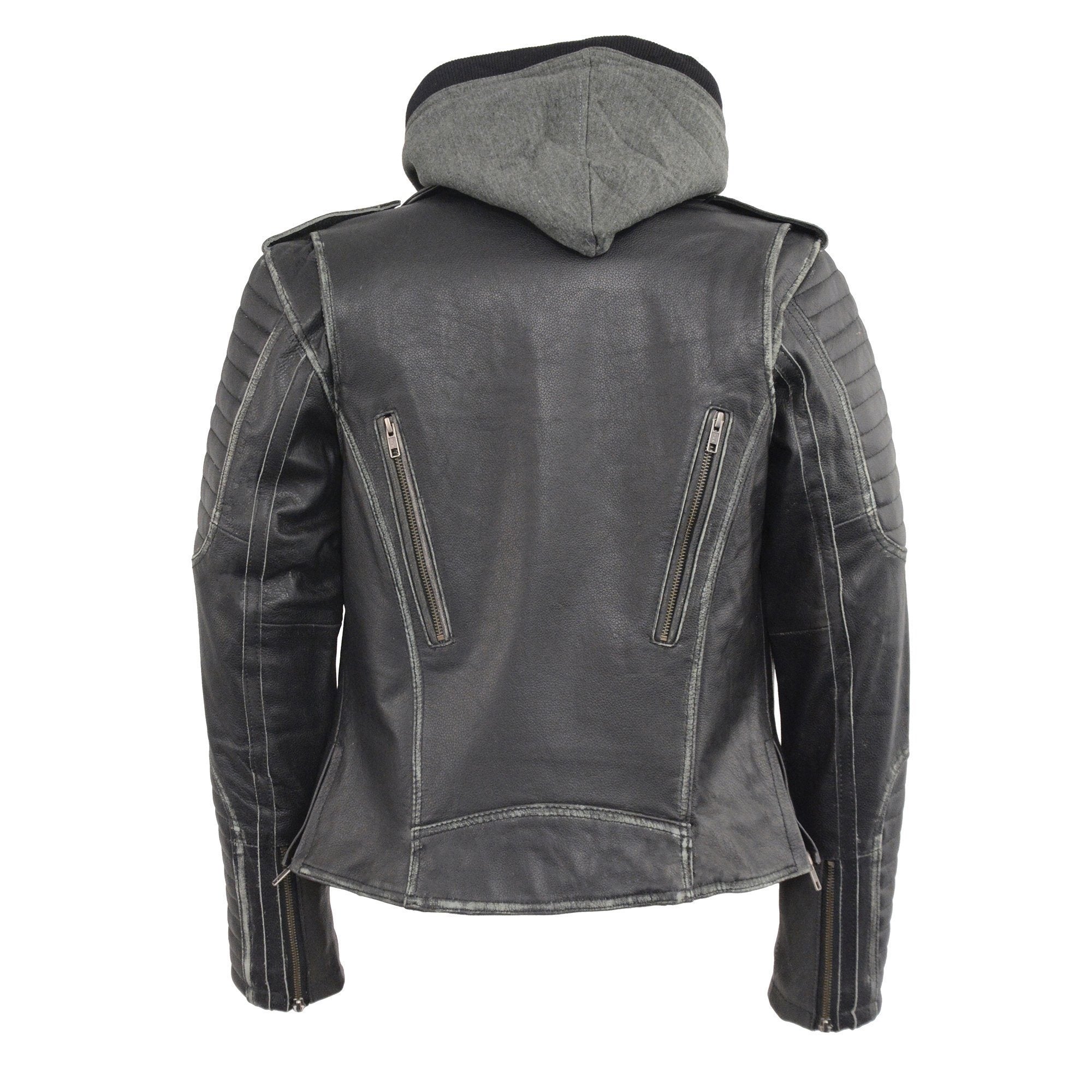 MLL2516 Black Leather Rub-Off Leather Jacket with Hoodie for Women