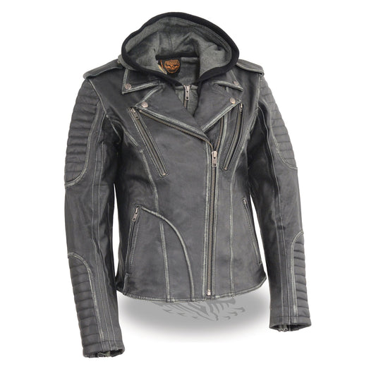 MLL2516 Black Leather Rub-Off Leather Jacket with Hoodie for Women