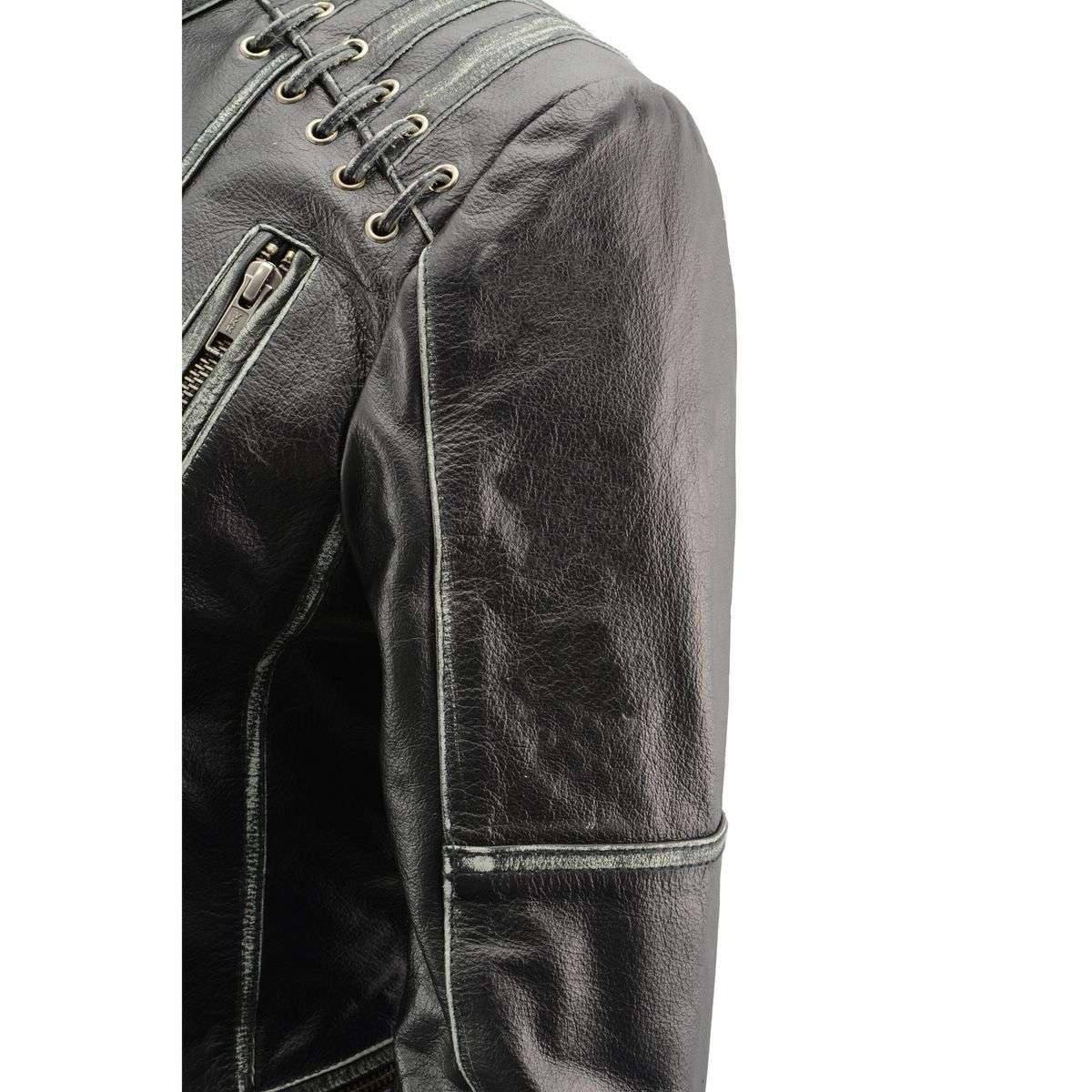 MLL2526 Women's 'Elegant' Distressed Gray Detail Laced Leather Jacket