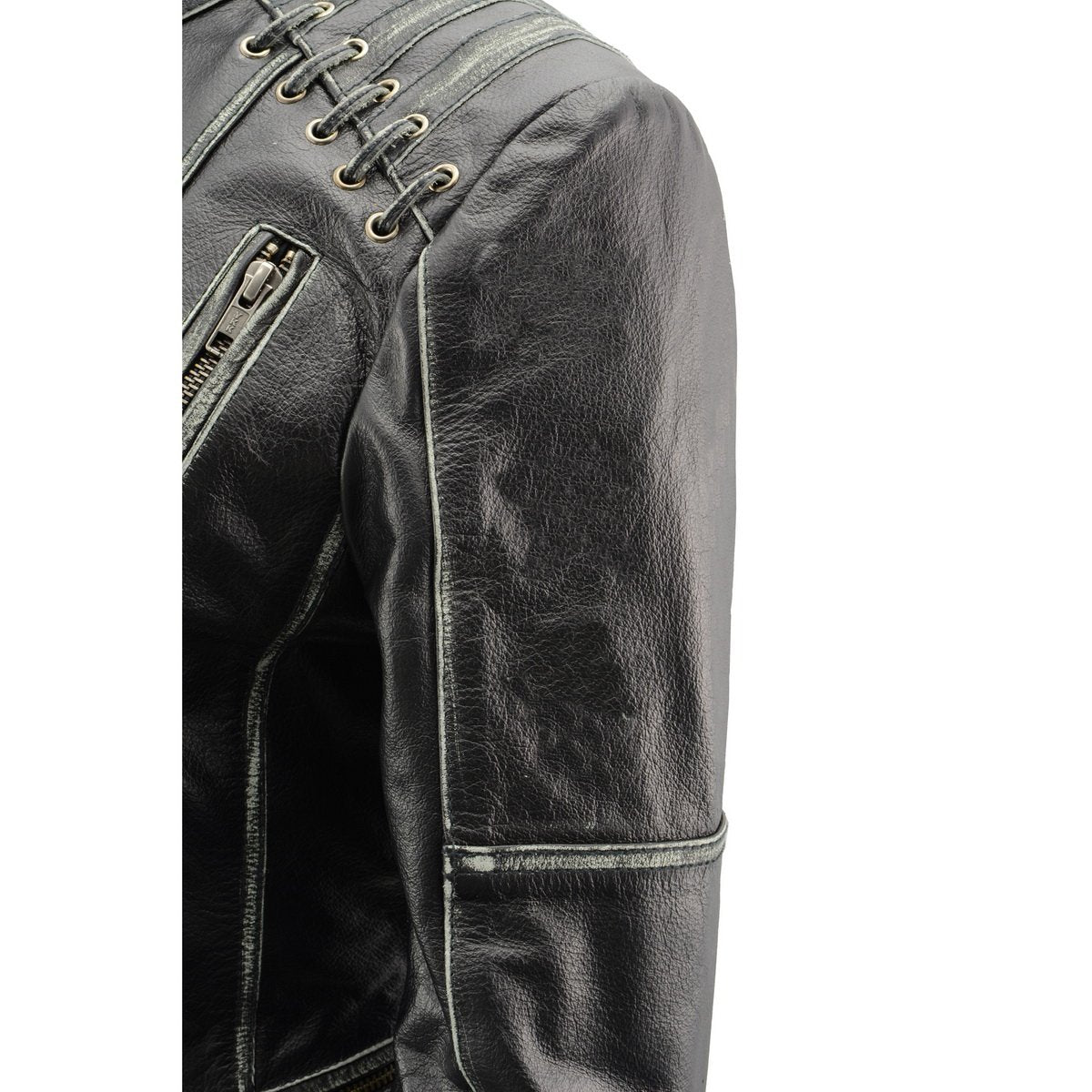 MLL2526 Women's 'Elegant' Distressed Gray Detail Laced Leather Jacket
