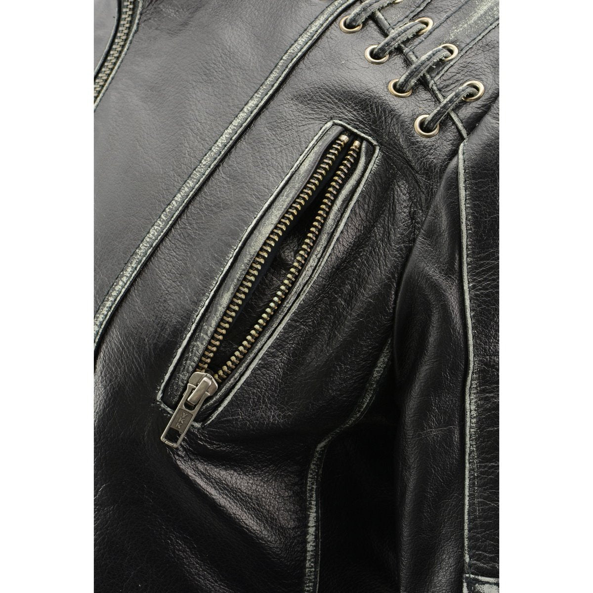 MLL2526 Women's 'Elegant' Distressed Gray Detail Laced Leather Jacket