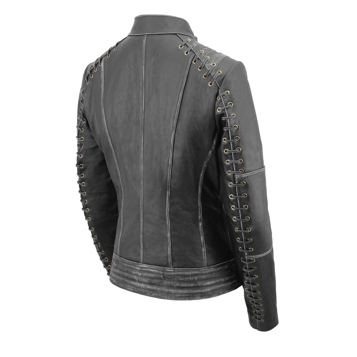 MLL2526 Women's 'Elegant' Distressed Gray Detail Laced Leather Jacket